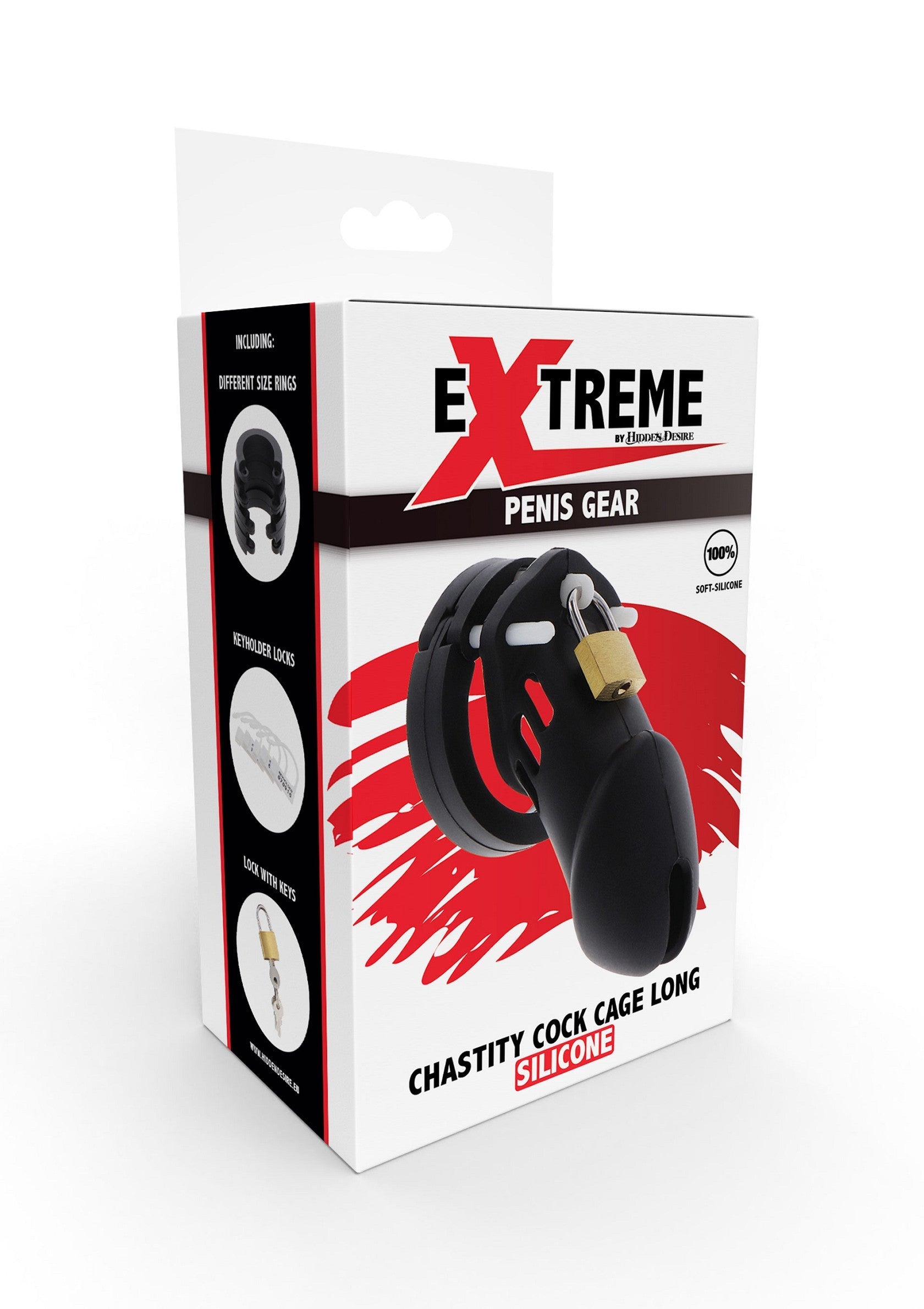 Cage de chasteté pour pénis Extreme, longue, en silicone. Inclus anneaux de différentes tailles et clés.; Extreme Penis Gear kuisheidskooi, lang, siliconen. Inclusief ringen in verschillende maten en sleutels.; Extreme penis gear chastity cock cage long silicone. Includes different size rings and keys.