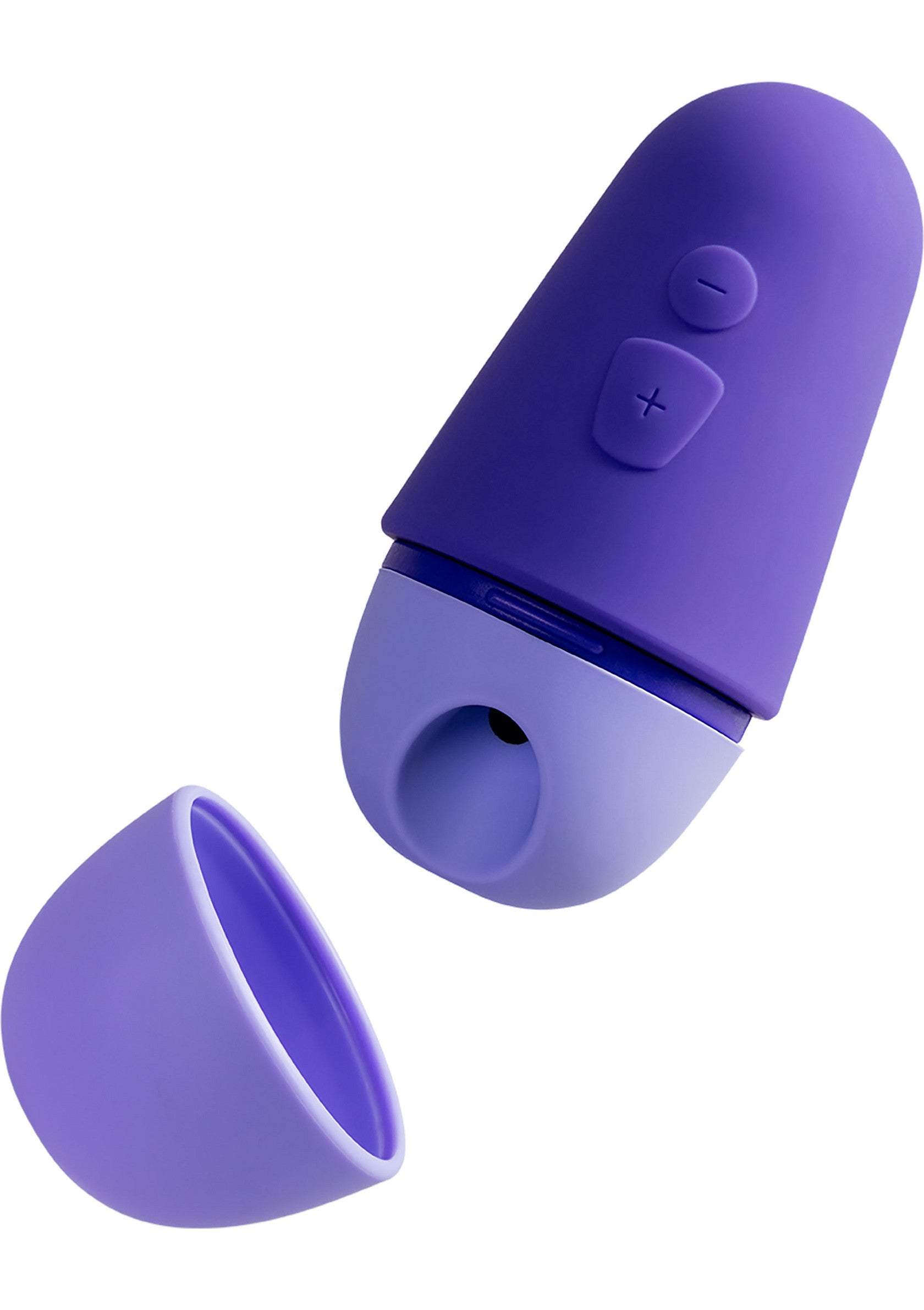 Masseur clitoridien violet élégant avec couvercle et contrôle des vibrations.; Elegante paarse clitorismassager met deksel en vibratiebediening.; Sleek purple clitoral massager with cap and vibration control.