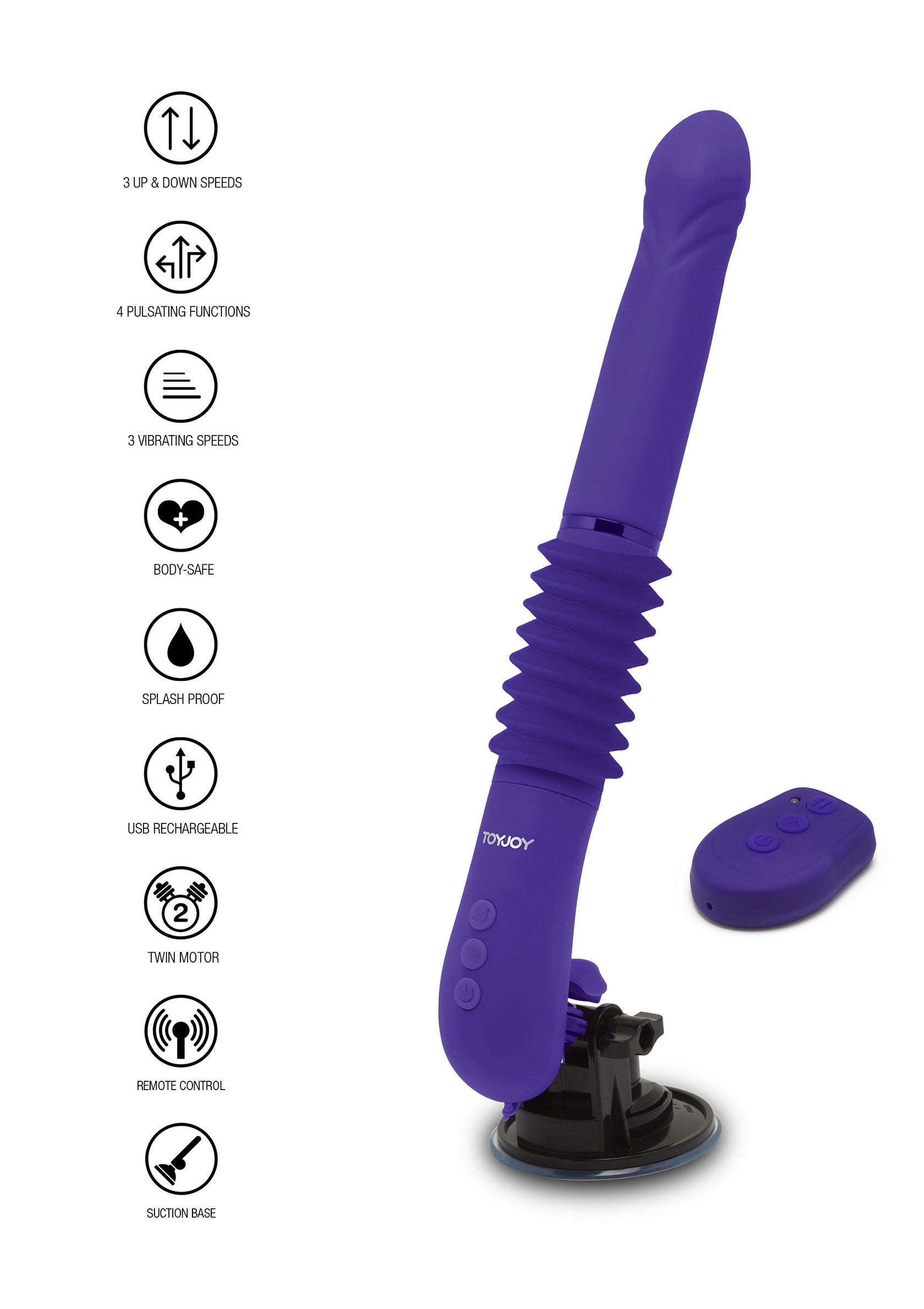 Vibromasseur violet avec ventouse et télécommande pour une stimulation mains libres et variée.; Paarse vibrator met zuignap en afstandsbediening voor handsfree en gevarieerde stimulatie.; Purple vibrator with suction cup and remote control for hands-free and varied stimulation.