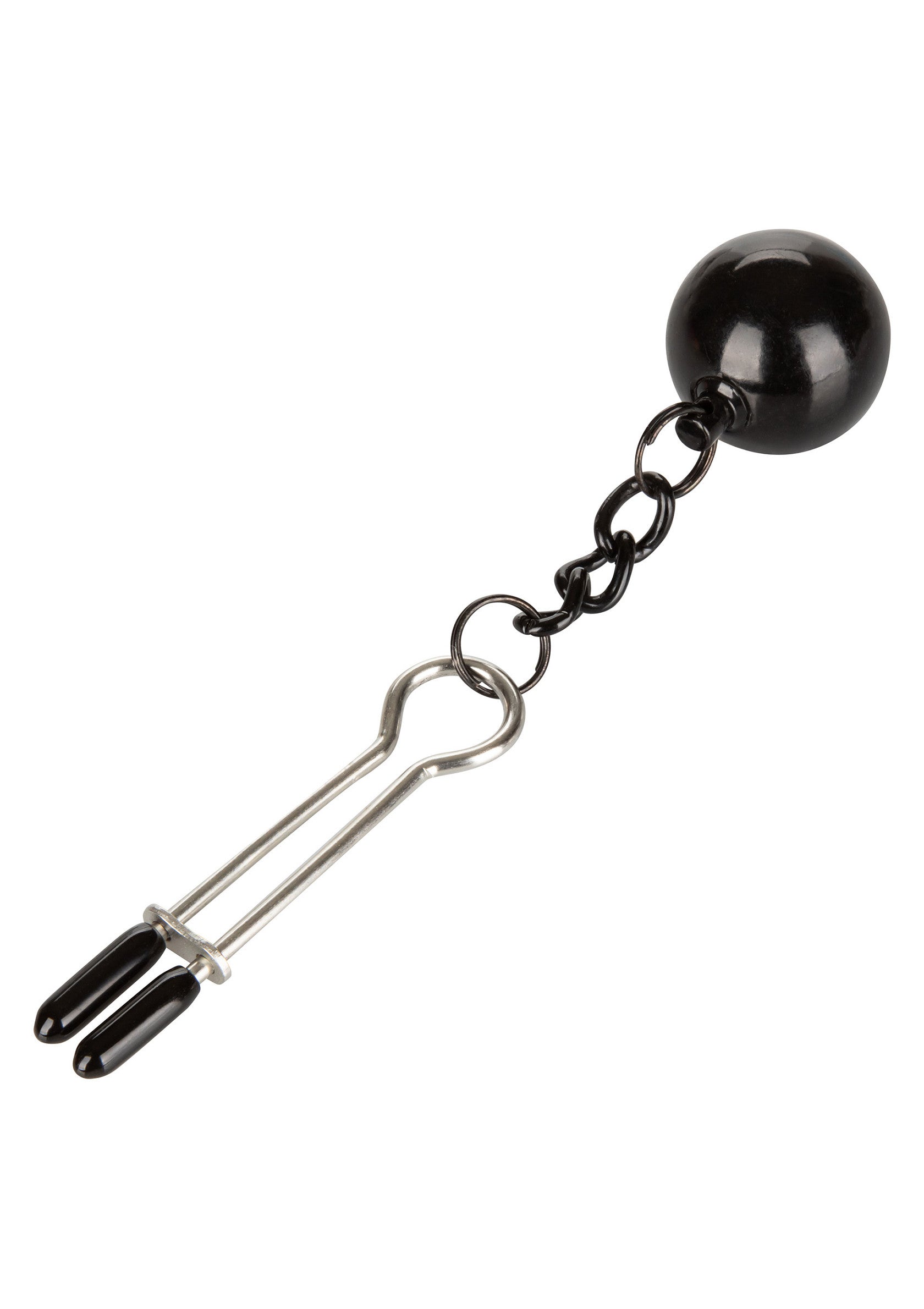 Pince téton à chaîne avec poids noir. Accessoire sensuel pour pimenter votre vie amoureuse. Boutique en ligne pour adultes.; Nippelklem met ketting en zwarte gewicht. Sensueel accessoire om je liefdesleven mee op te fleuren. Online winkel voor volwassenen.; Nipple clamp with chain and black weight. Sensual accessory to spice up your love life. Online adult shop.
