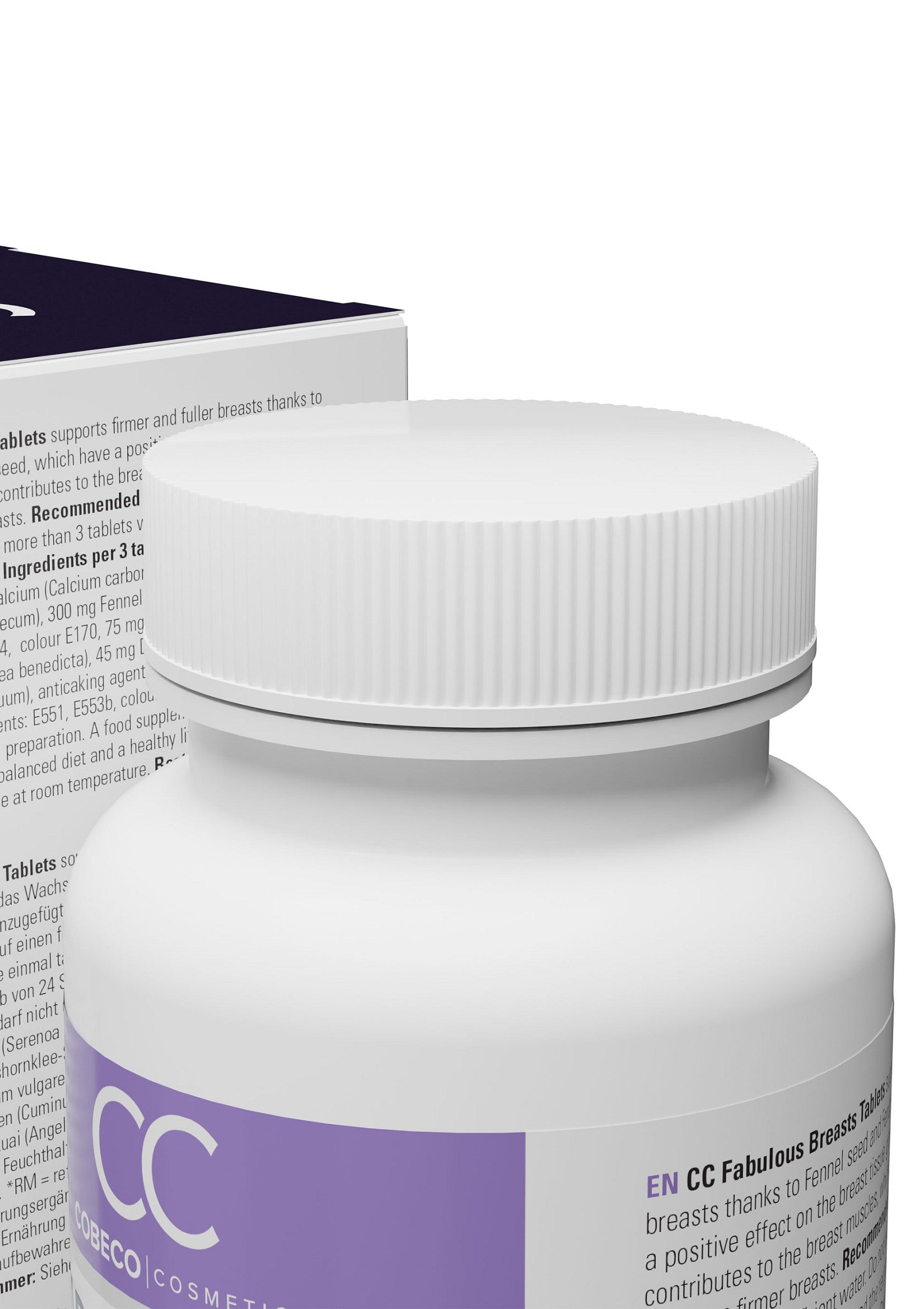 Pot de comprimés pour améliorer la fermeté des seins, CC Cosmetics. Compléments alimentaires pour la beauté.; Pot met tabletten voor stevigere borsten, CC Cosmetics. Voedingssupplementen voor schoonheid.; Jar of tablets for firmer breasts, CC Cosmetics. Food supplements for beauty.