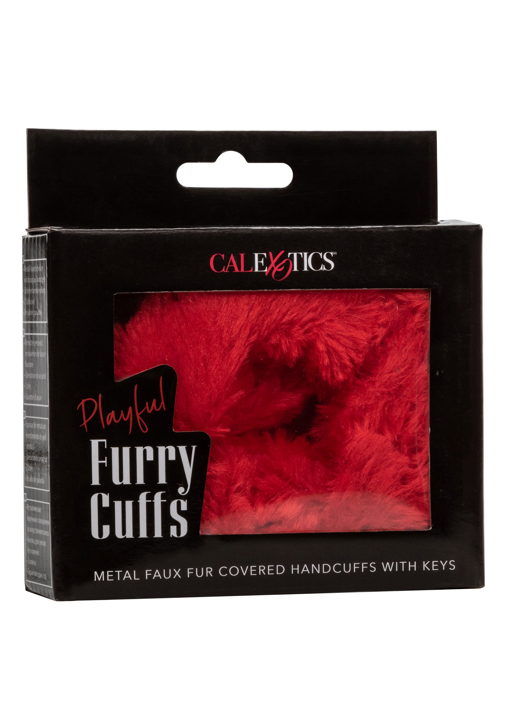 Menottes en fausse fourrure rouge CalExotics. Accessoires coquins et ludiques.; CalExotics rode, harige handboeien. Speelse accessoires.; CalExotics playful furry cuffs, red. Kinky and playful accessories.
