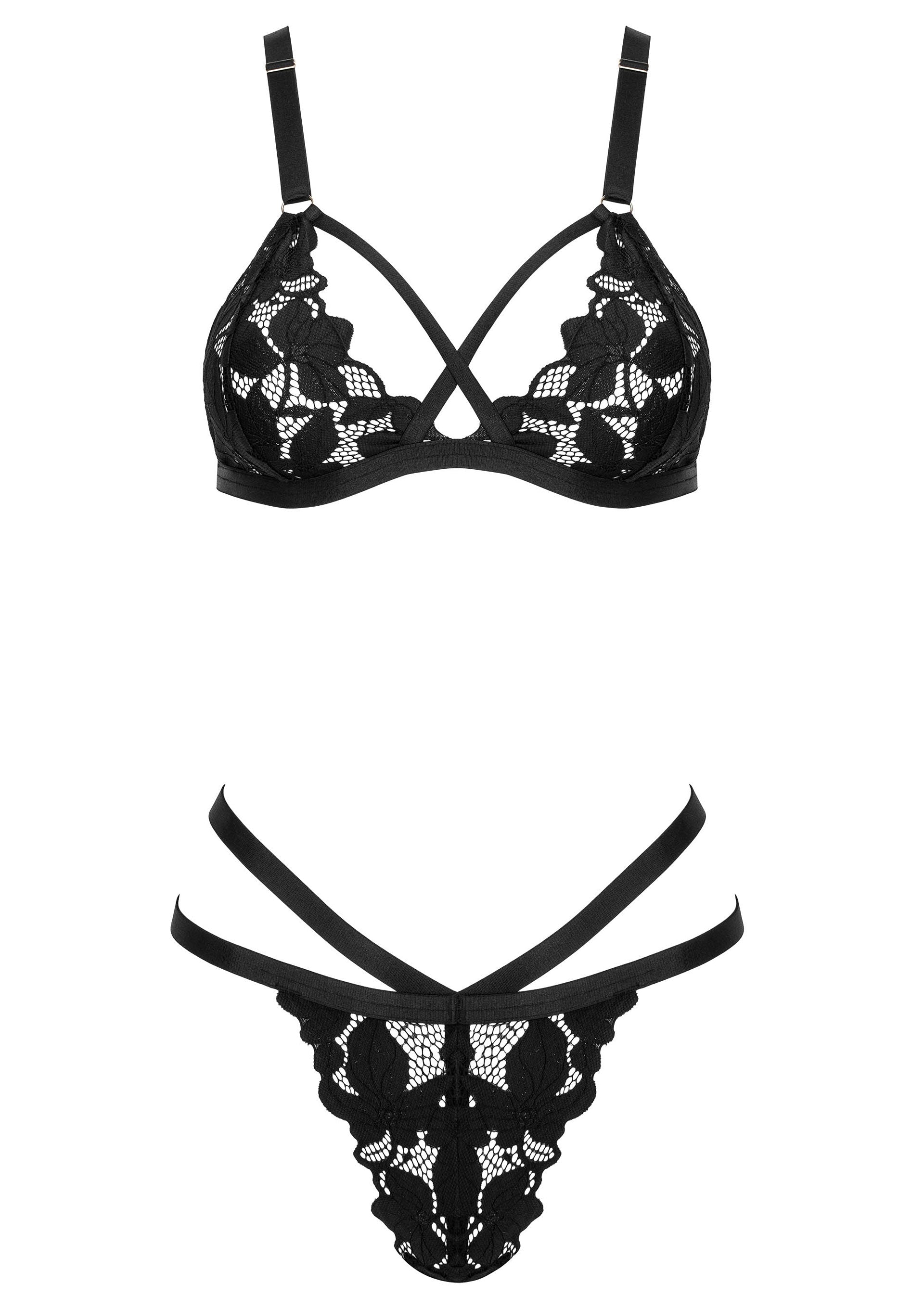 Ensemble de lingerie noire en dentelle florale. Soutien-gorge ouvert et string à lanières.; Zwarte lingerie set met bloemenkant. Open beha en string met bandjes.; Black floral lace lingerie set. Open bra and strappy thong.