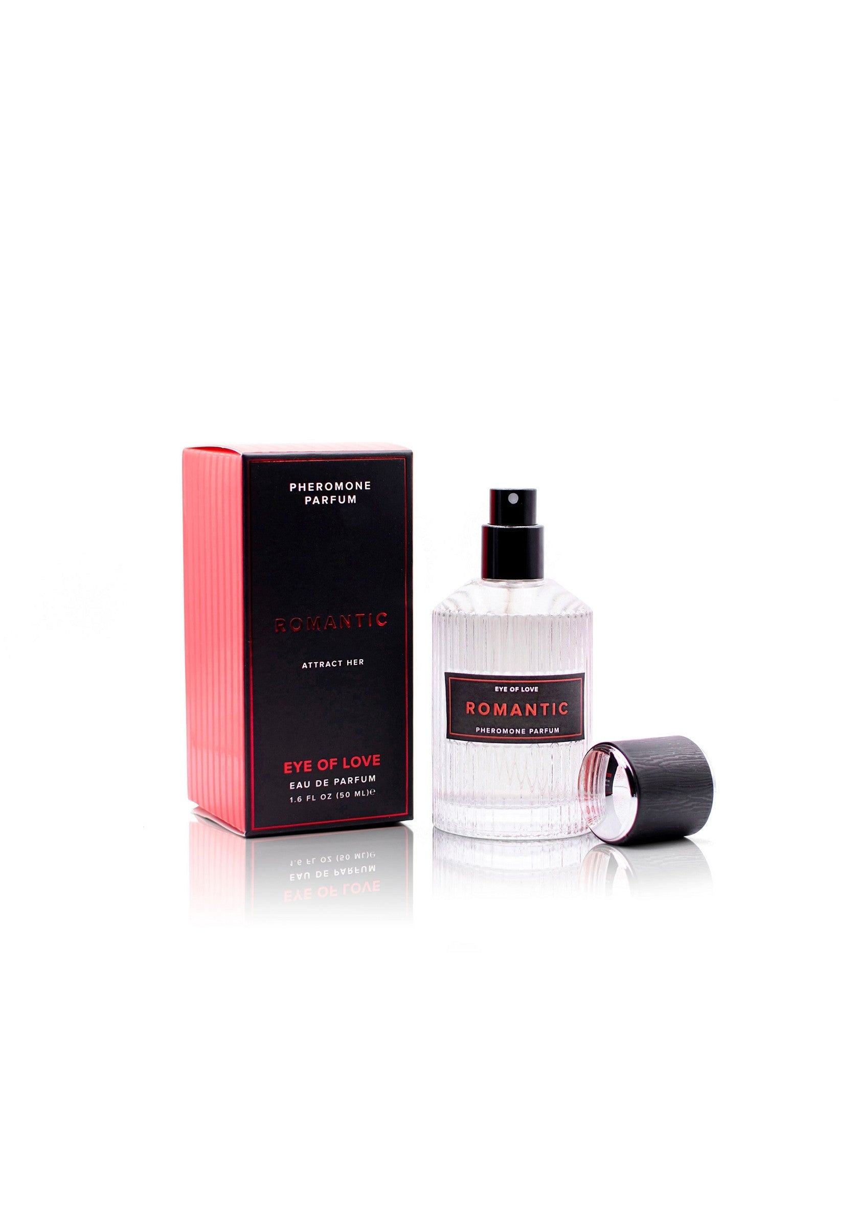Parfum aux phéromones Romantic Eye of Love pour attirer l'amour. Bouteille élégante et emballage rose et noir.; Romantic Eye of Love feromoon parfum om liefde aan te trekken. Stijlvolle fles en roze met zwarte verpakking.; Romantic Eye of Love pheromone perfume to attract love. Stylish bottle and pink and black packaging.
