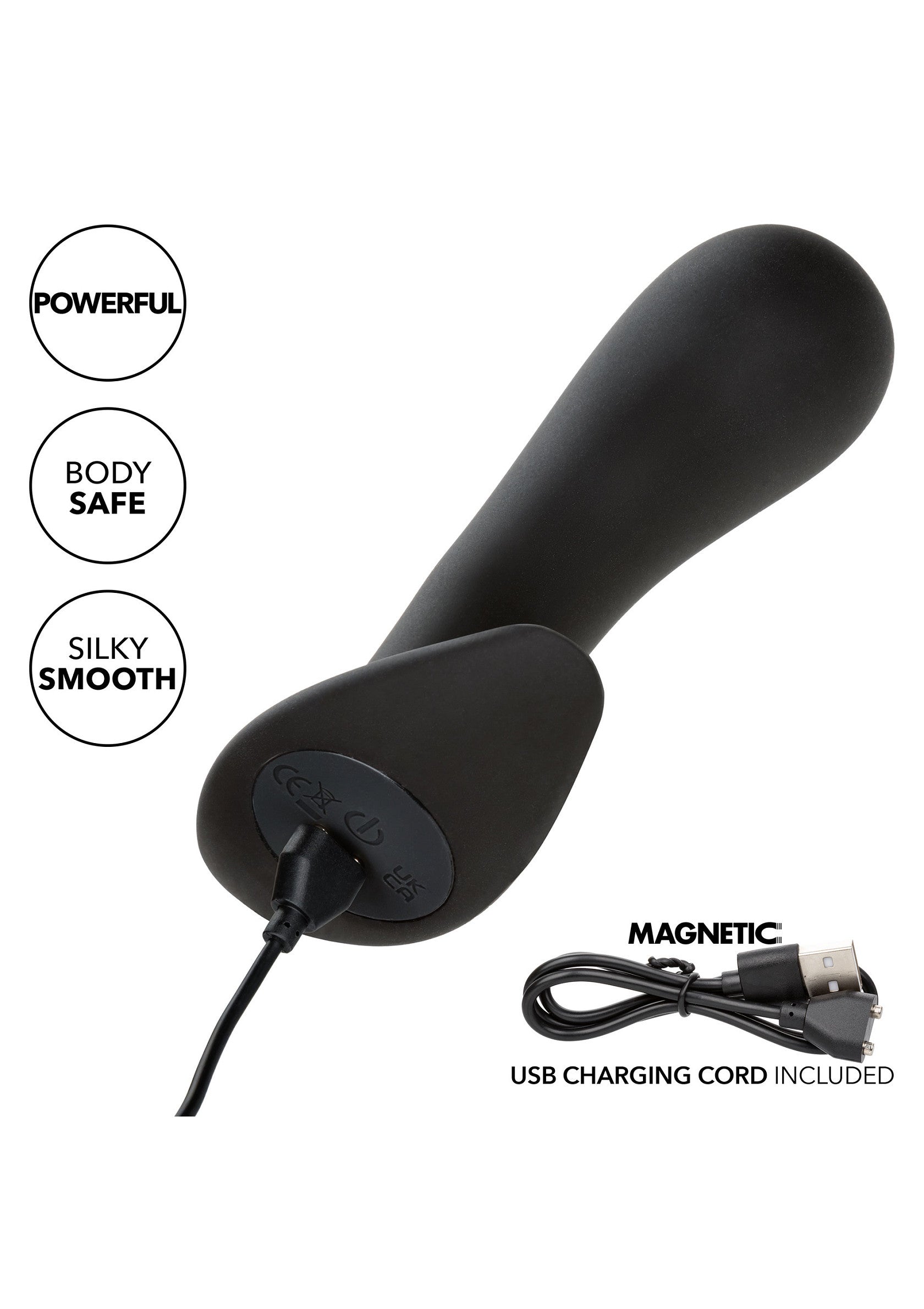 Vibromasseur en silicone noir puissant et lisse, avec cordon de charge USB magnétique inclus.; Krachtige, gladde, zwarte siliconen vibrator met magnetisch USB-oplaadsnoer inbegrepen.; Powerful and smooth black silicone vibrator with magnetic USB charging cord included.