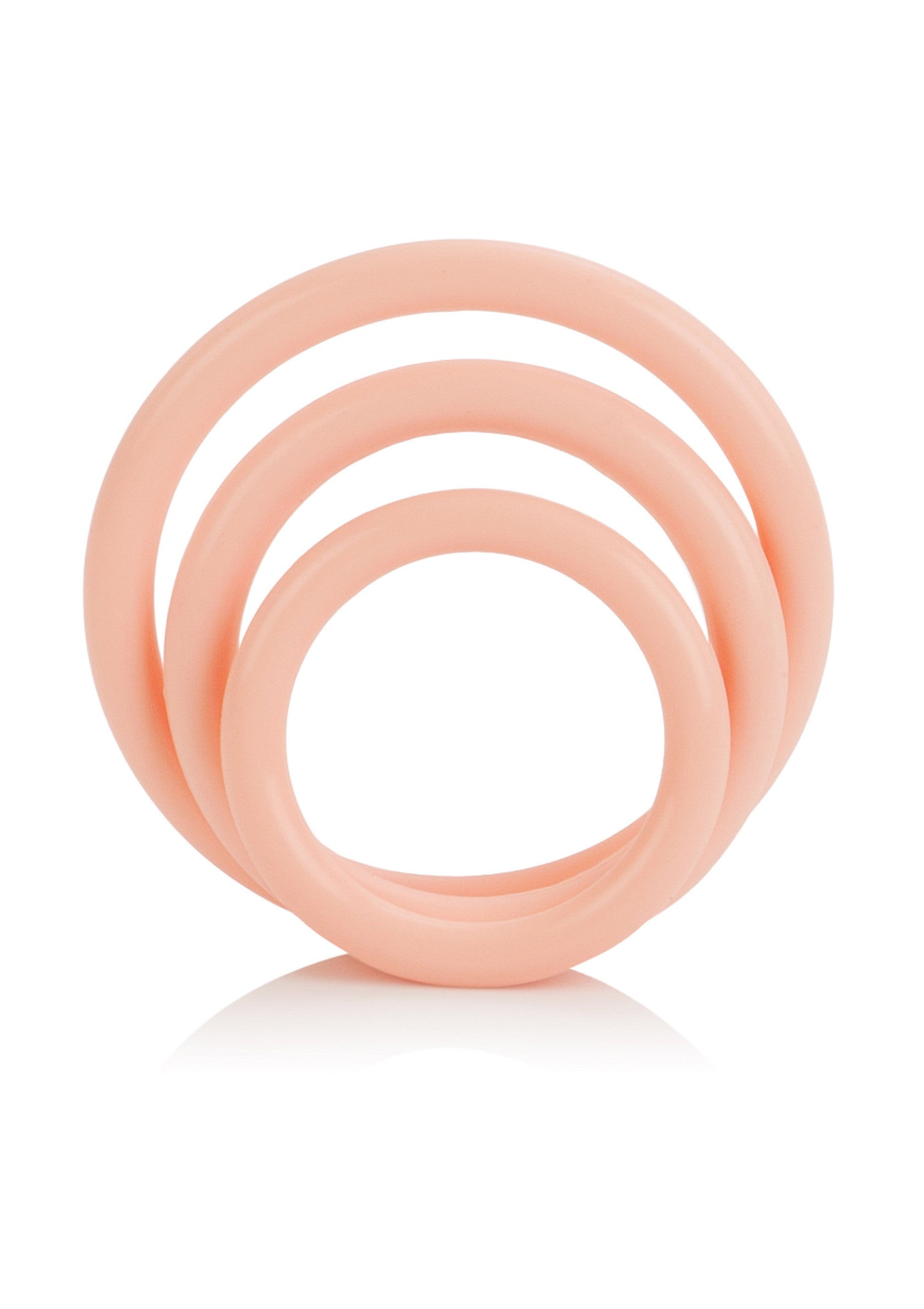 Ensemble de 3 anneaux péniens rose poudré pour une érection durable et intense.; Set van 3 poederroze penisringen voor een langdurige en intense erectie.; Set of 3 powder pink penis rings for a long-lasting and intense erection.