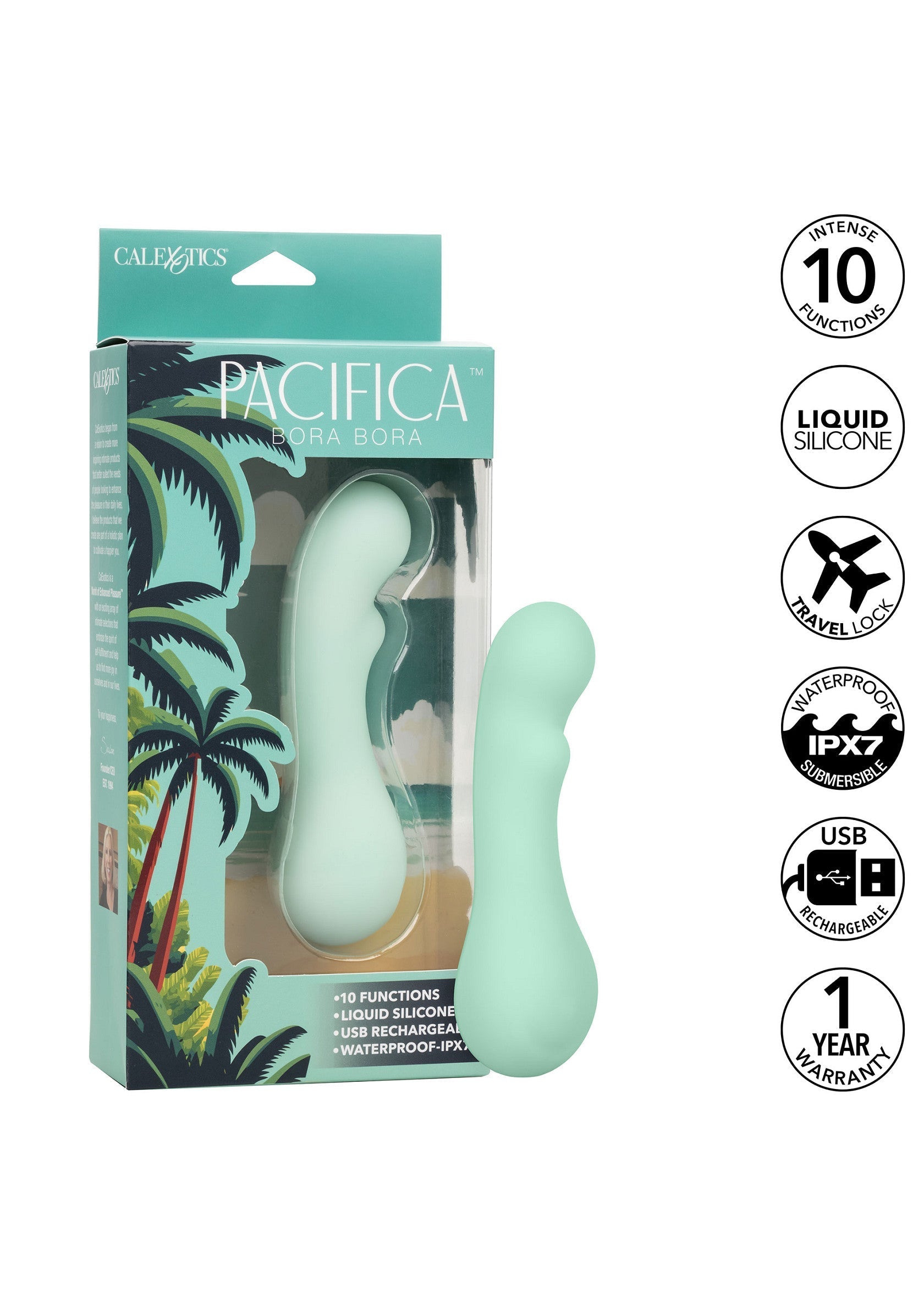 Vibrateur Pacifica Bora Bora turquoise, 10 fonctions, silicone liquide, rechargeable USB et étanche IPX7.; Turquoise Pacifica Bora Bora vibrator, 10 functies, vloeibare silicone, USB oplaadbaar & IPX7 waterdicht.; Turquoise Pacifica Bora Bora vibrator, 10 functions, liquid silicone, USB rechargeable & IPX7 waterproof.