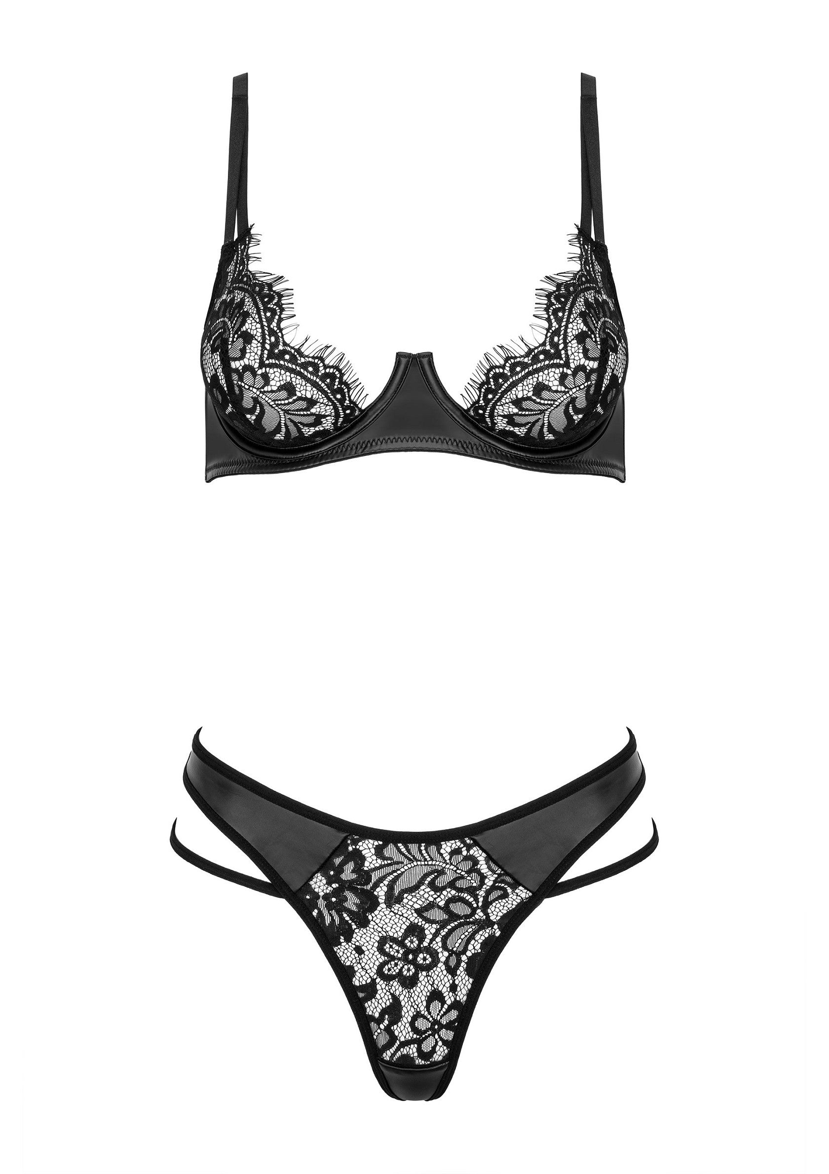 Ensemble de lingerie noir avec dentelle florale pour une allure séduisante et élégante.; Zwarte lingerie set met bloemenkant voor een verleidelijke en elegante uitstraling.; Black lingerie set featuring floral lace for a seductive and elegant look.