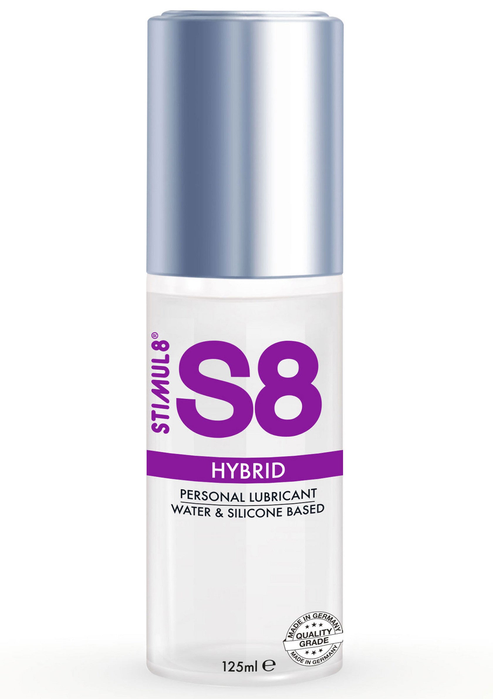 Lubrifiant personnel Stimul8 S8 Hybrid, base eau et silicone, 125ml. Fabriqué en Allemagne, qualité supérieure.; Stimul8 S8 Hybrid glijmiddel, water- en siliconenbasis, 125ml. Gemaakt in Duitsland, topkwaliteit.; Stimul8 S8 Hybrid personal lubricant, water & silicone based, 125ml. Made in Germany, quality grade.