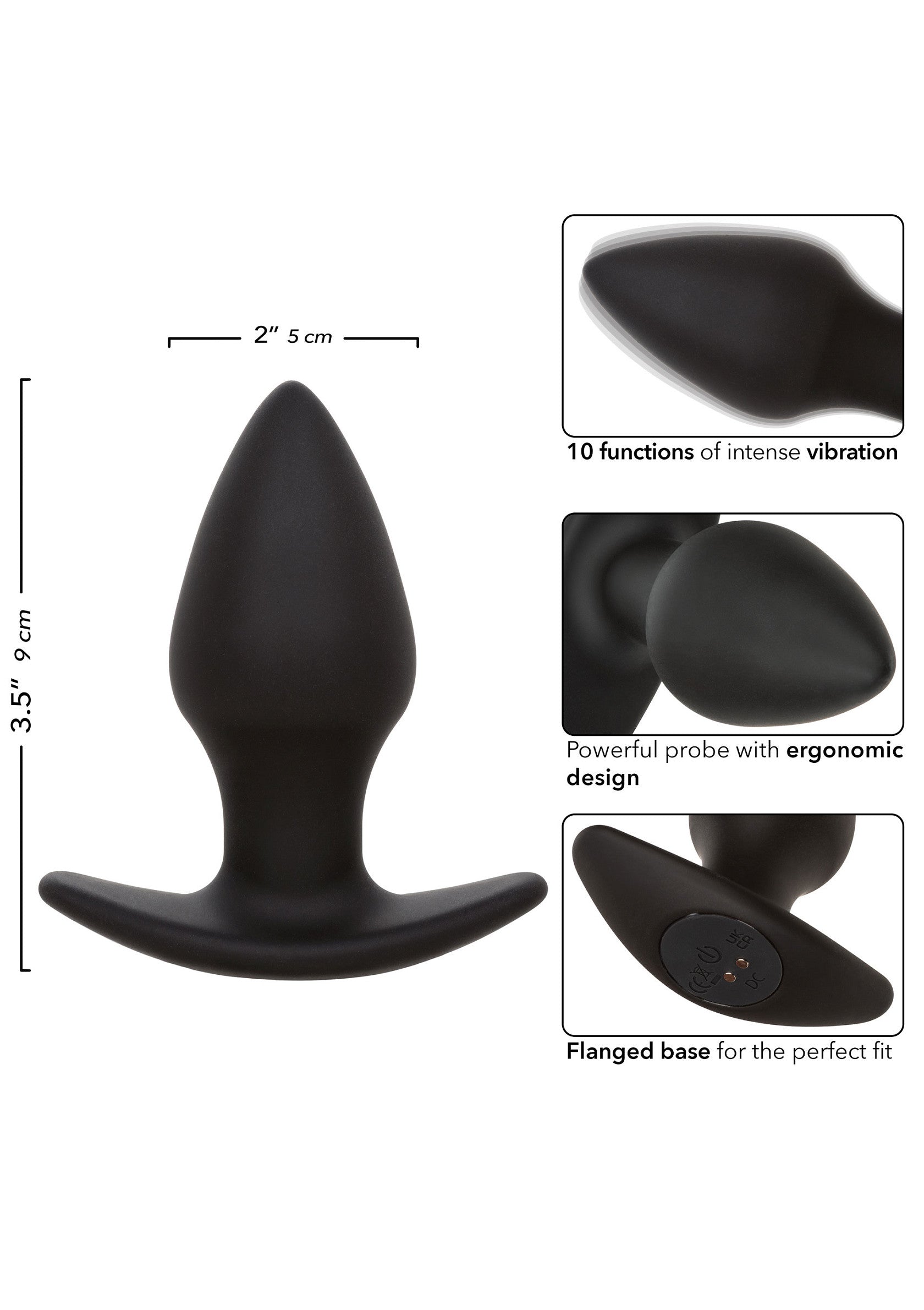 Plug anal noir vibrant avec base évasée pour un confort optimal. 10 fonctions de vibration.; Vibrerende zwarte anale plug met uitlopende basis voor comfort. 10 vibratiefuncties.; Vibrating black anal plug with flared base for comfort. 10 functions of vibration.