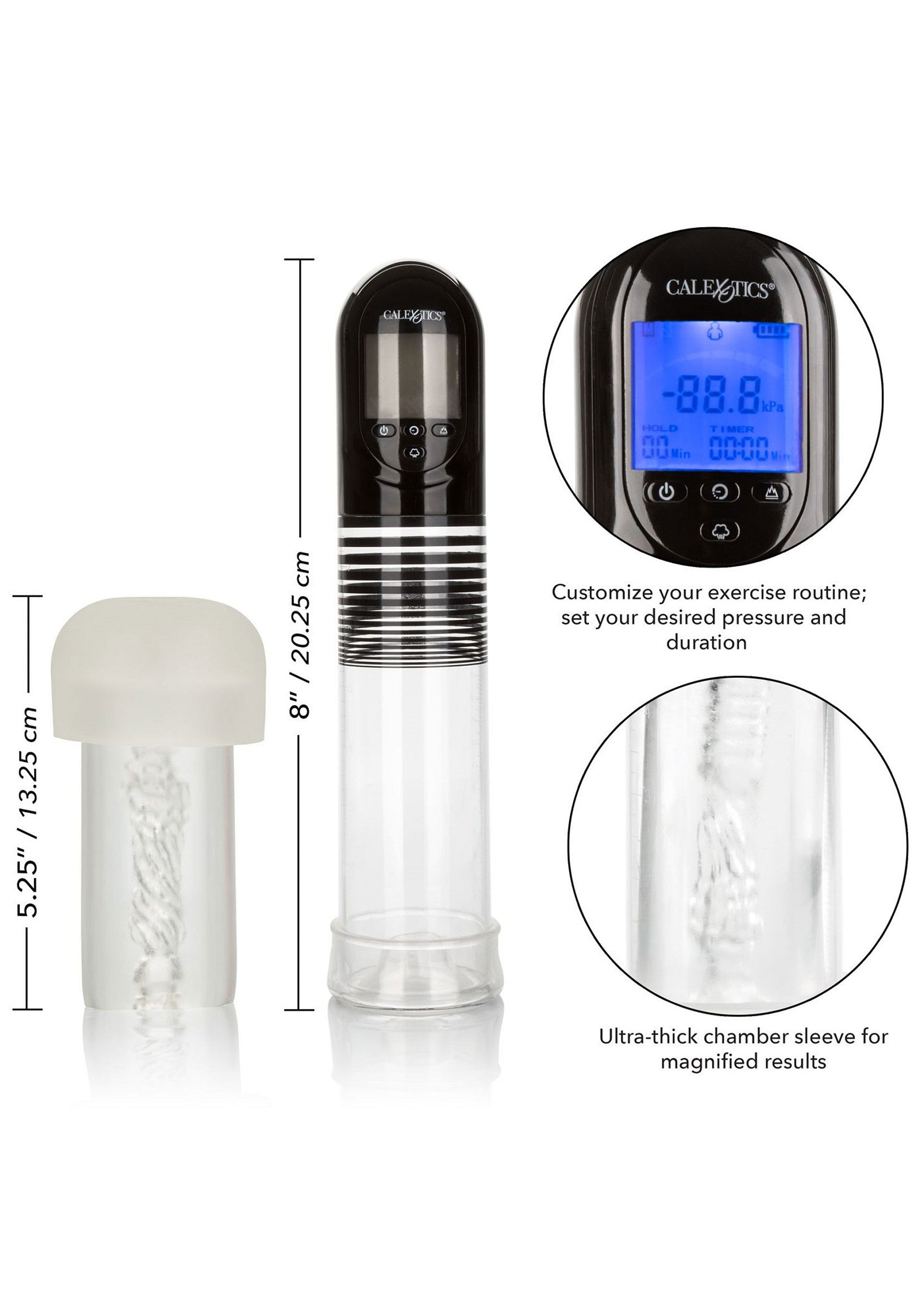Amplificateur masculin Calexotics avec écran numérique pour un entraînement personnalisé et des résultats amplifiés.; Calexotics penisvergroter met digitaal display voor een gepersonaliseerde training en vergrote resultaten.; Calexotics male enhancer with digital display for a customized workout and magnified results.