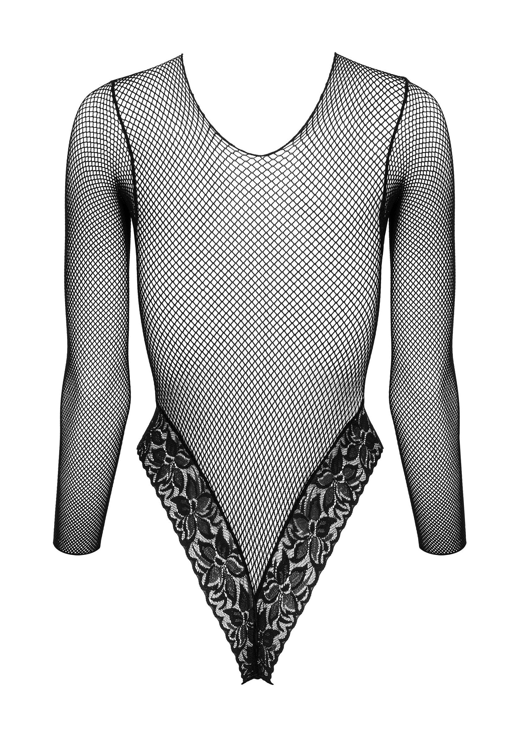 Body résille noir à manches longues et détails en dentelle florale. Sexy et élégant.; Zwarte visnetbody met lange mouwen en bloemenkant details. Sexy en stijlvol.; Black fishnet bodysuit with long sleeves and floral lace detail. Sexy and stylish.