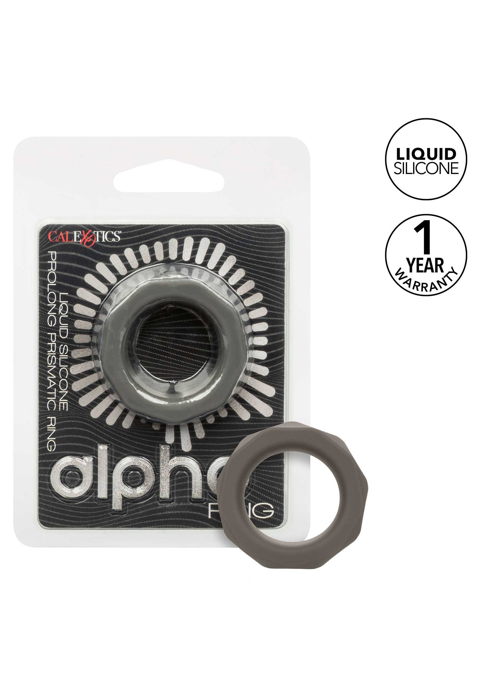 Anneau pénien CalExotics Alpha en silicone liquide pour une expérience prolongée et intense. Confortable et durable.; CalExotics Alpha penisring van vloeibare silicone voor een verlengde en intense ervaring. Comfortabel en duurzaam.; CalExotics Alpha penis ring made of liquid silicone for a prolonged and intense experience. Comfortable and durable.