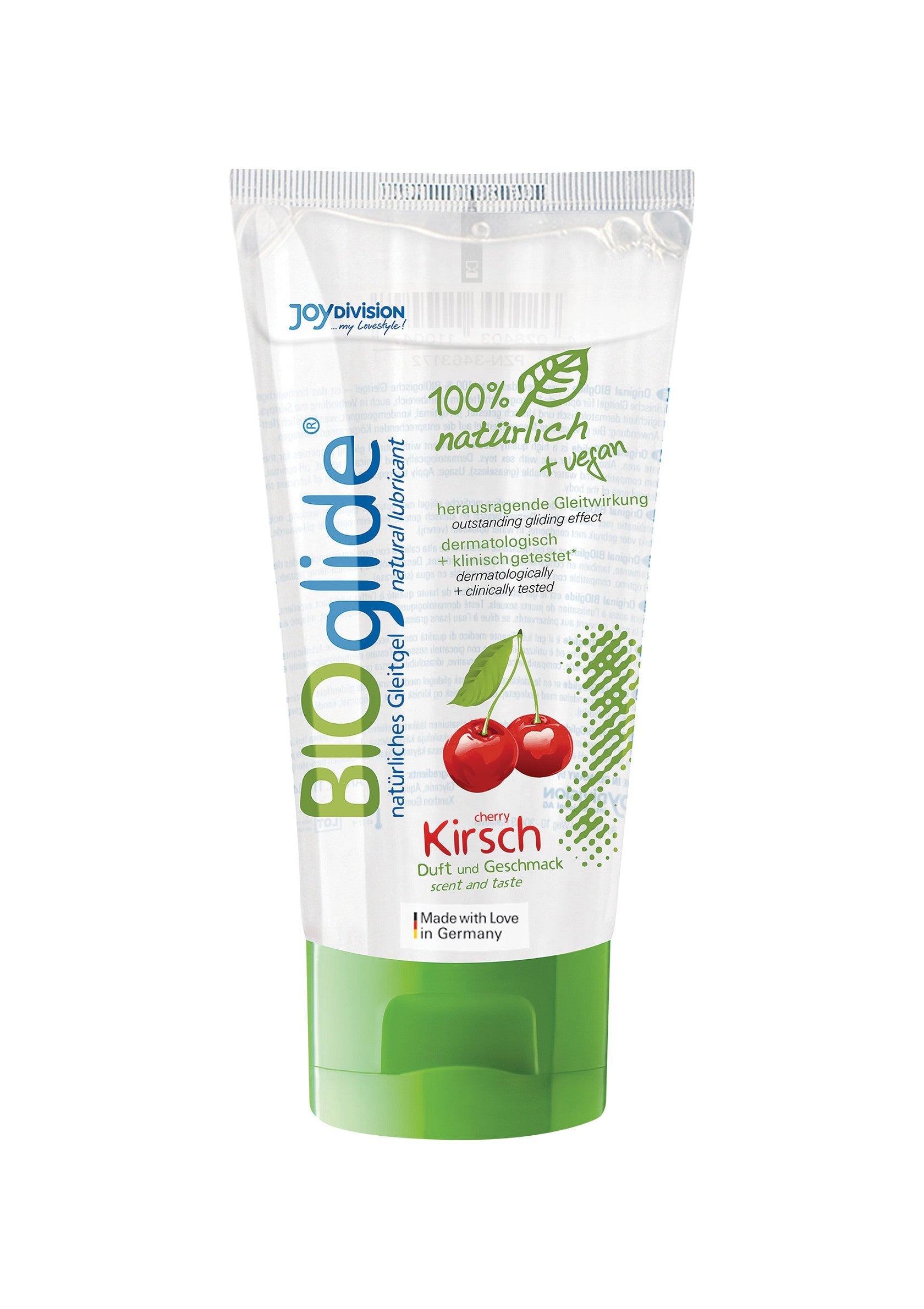 BioGlide lubrifiant naturel à la cerise, végan et testé dermatologiquement. Fabriqué en Allemagne.; BioGlide natuurlijk glijmiddel met kersensmaak, vegan en dermatologisch getest. Made in Germany.; BioGlide natural lubricant with cherry scent & taste, vegan and dermatologically tested. Made in Germany.