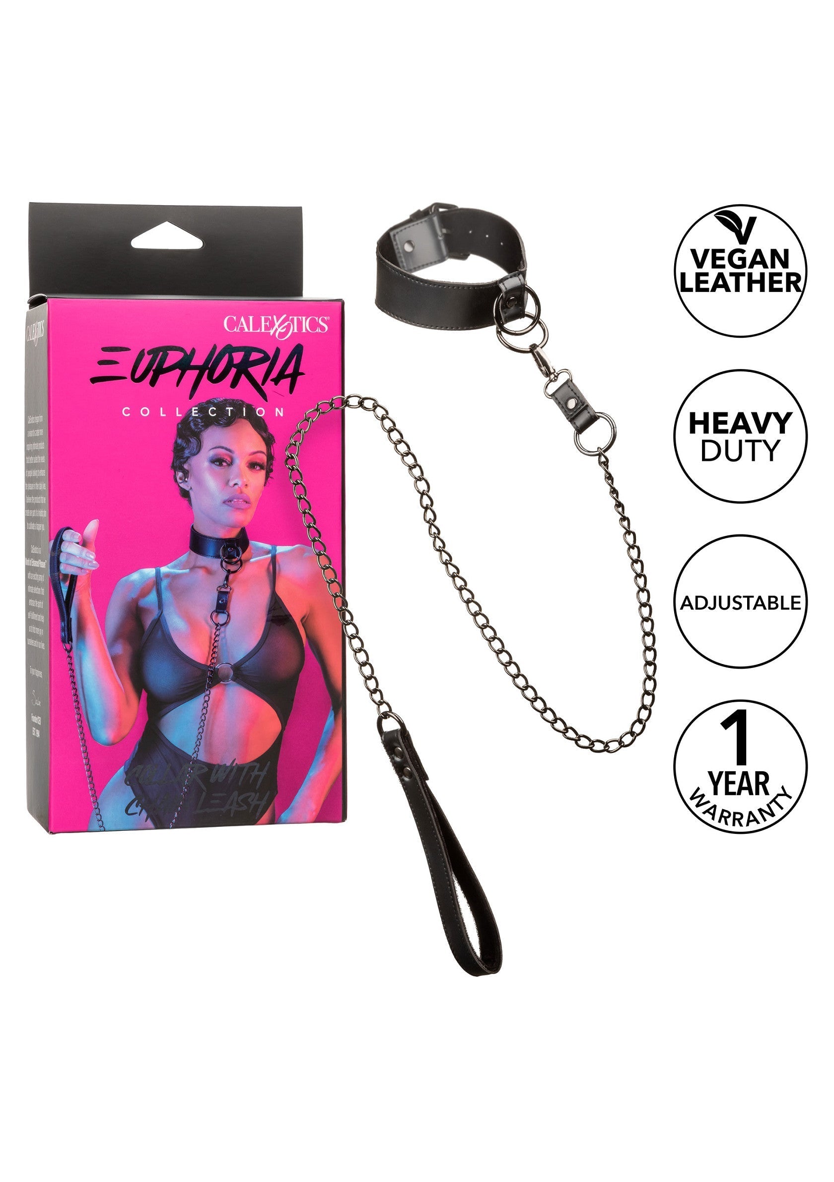 Collier de dressage en cuir vegan Calexotics Euphoria Collection avec une chaîne et une garantie d'un an.; Calexotics Euphoria Collection vegan lederen trainingshalsband met ketting en 1 jaar garantie.; Calexotics Euphoria Collection vegan leather training collar with chain and a 1 year warranty.