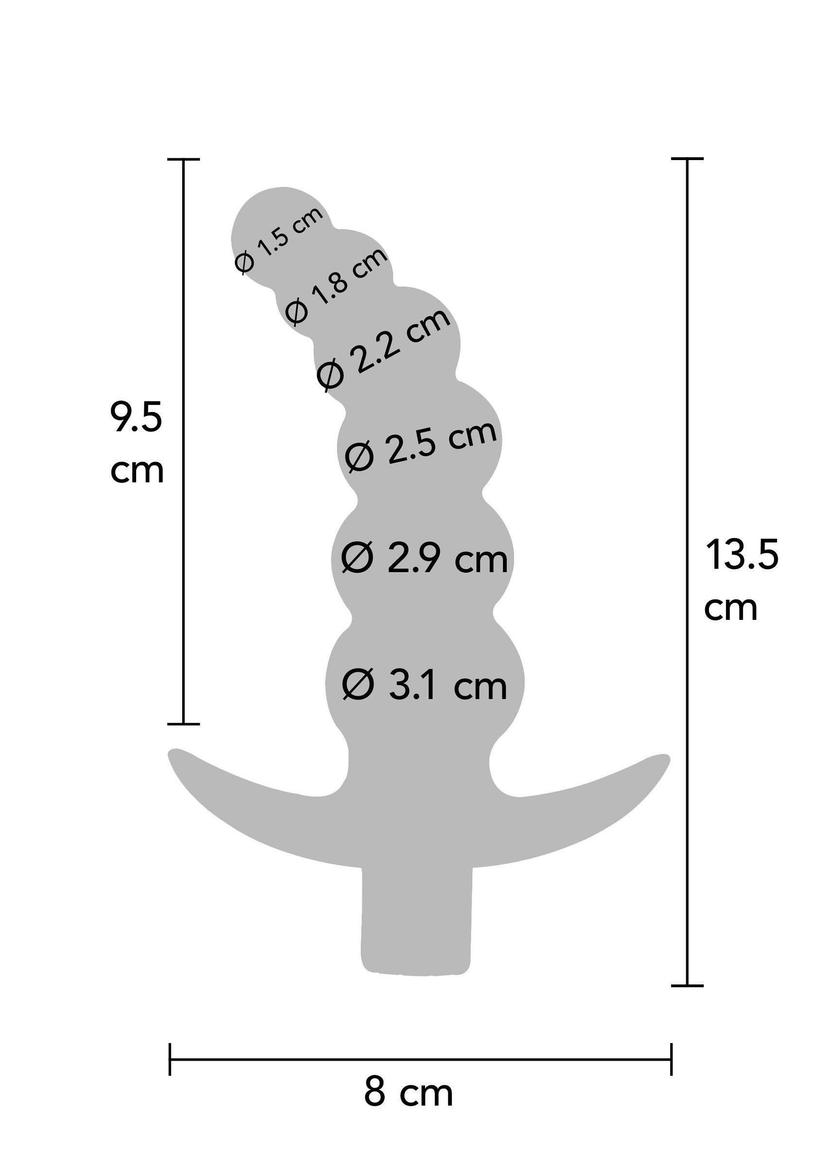 Dimensions d'un plug anal à billes, avec diamètre et longueur en centimètres. Visualisez la taille avant d'acheter !; Afmetingen van een anale buttplug met balletjes, met diameter en lengte in centimeters. Visualiseer de maat voor aankoop!; Beaded anal plug dimensions, with diameter and length in centimeters. Visualize the size before you buy!