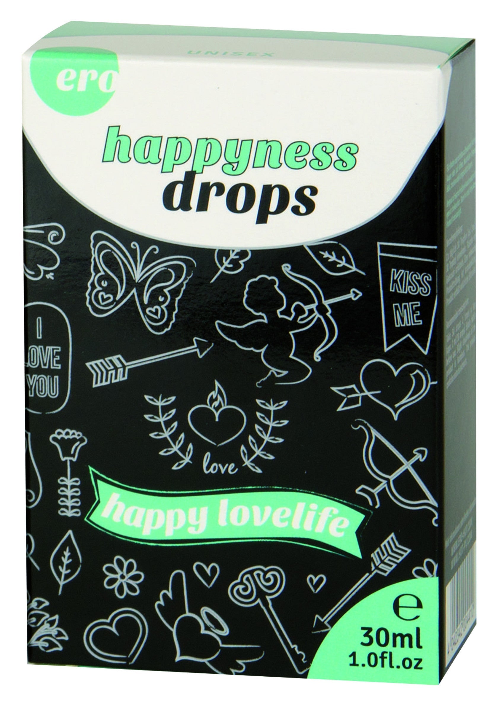 Gouttes Happyness ERO pour une vie amoureuse épanouie. Format pratique de 30ml.; ERO Happyness Drops voor een gelukkig liefdesleven. Handig formaat van 30 ml.; ERO Happyness Drops for a happy lovelife. Convenient 30ml size.