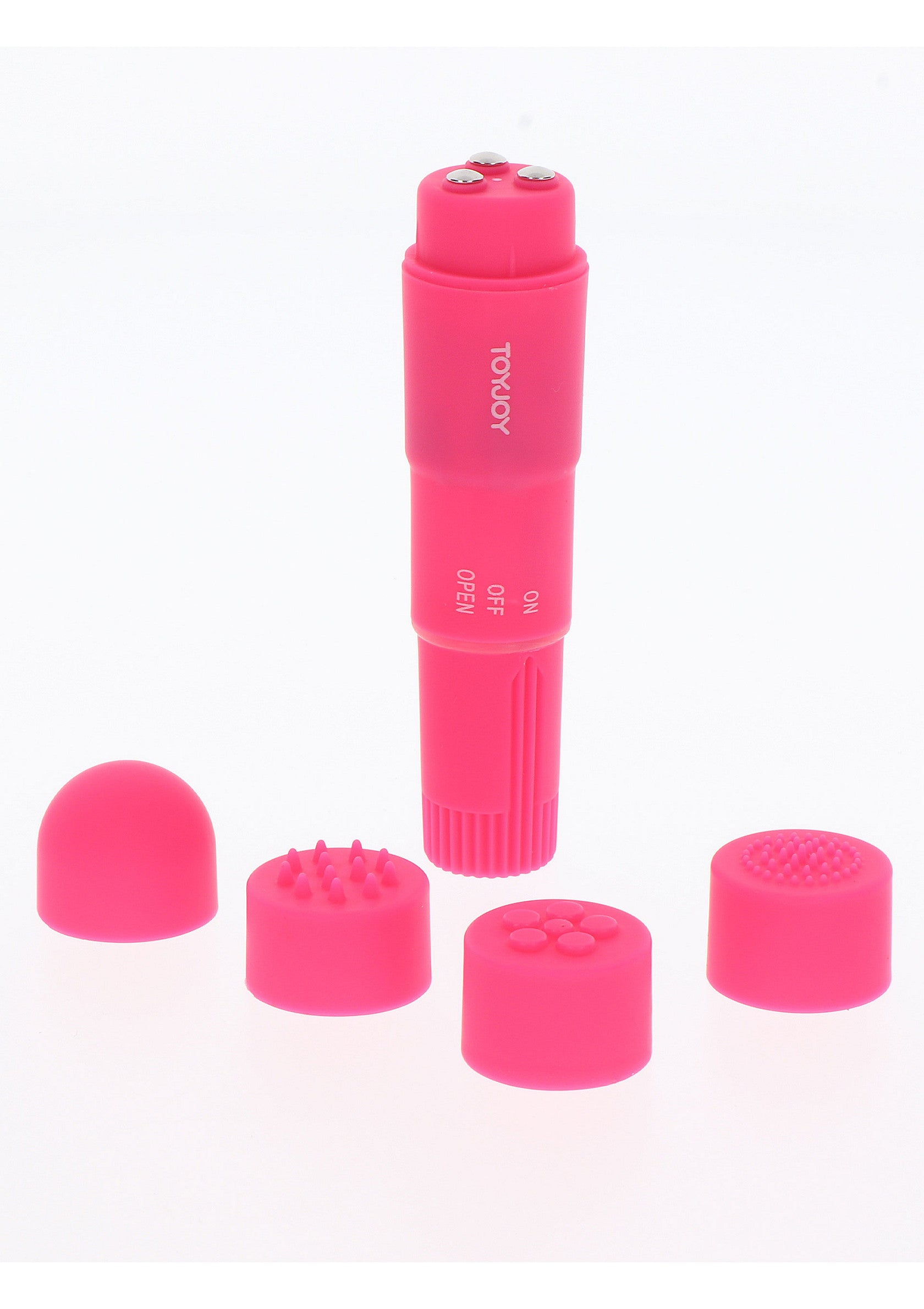 Vibromasseur rose ToyJoy avec embouts interchangeables pour une expérience personnalisée et intense.; Roze ToyJoy vibrator met verwisselbare opzetstukken voor een persoonlijke en intense ervaring.; Pink ToyJoy vibrator with interchangeable heads for a personalized and intense experience.
