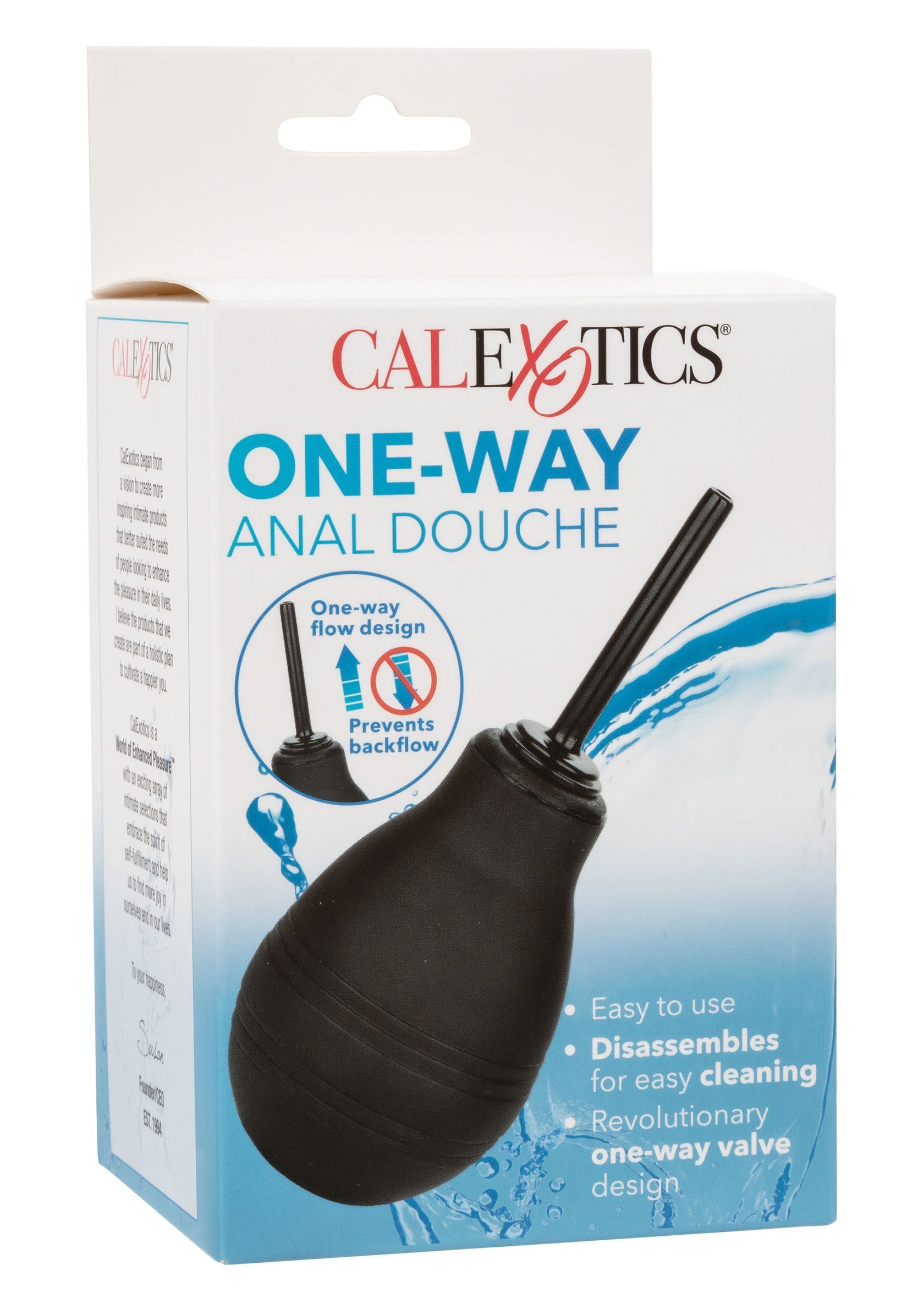 CalExotics Douche Anale à Sens Unique pour une hygiène intime optimale. Facile à utiliser et à nettoyer. Conception anti-reflux.; CalExotics One-Way Anale Douche voor optimale intieme hygiëne. Makkelijk te gebruiken en schoon te maken. Anti-terugstroom ontwerp.; CalExotics One-Way Anal Douche for optimal intimate hygiene. Easy to use and clean. Anti-backflow design.
