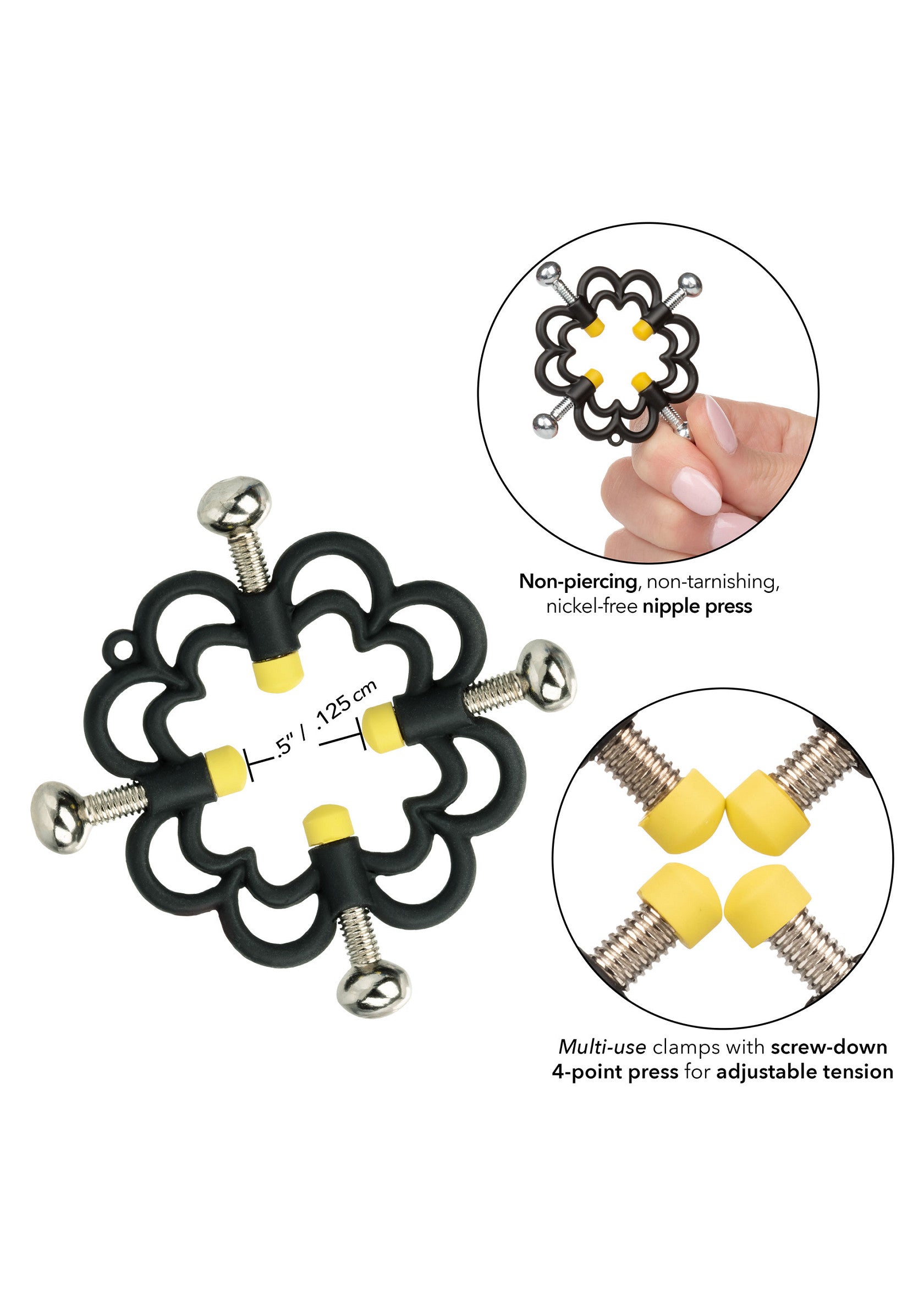 Pince à tétons non perçante réglable pour une pression personnalisée. Conception sans nickel.; Niet-piercing tepelklem met verstelbare druk. Nikkelvrij ontwerp voor comfort.; Adjustable non-piercing nipple clamps for custom pressure. Nickel-free design for comfort.