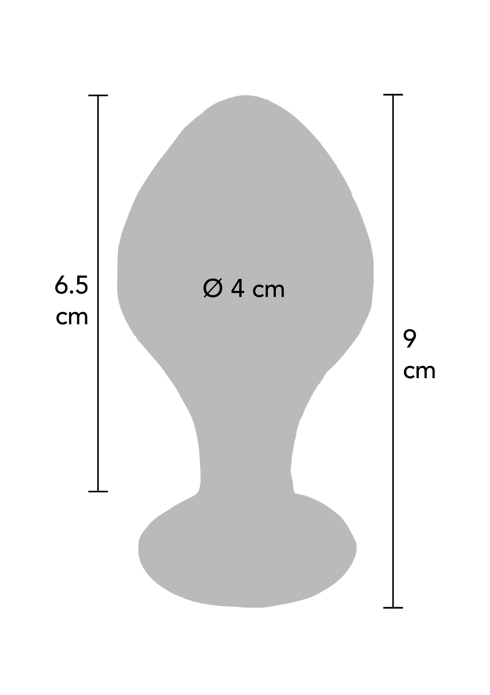 Plug anal illustré avec dimensions (9cm de long, diamètre 4cm). Accessoire pour plaisir intime. ; Anal plug geïllustreerd met afmetingen (9cm lang, 4cm diameter). Accessoire voor intiem genot.; Anal plug illustrated with dimensions (9cm long, 4cm diameter). Accessory for intimate pleasure.