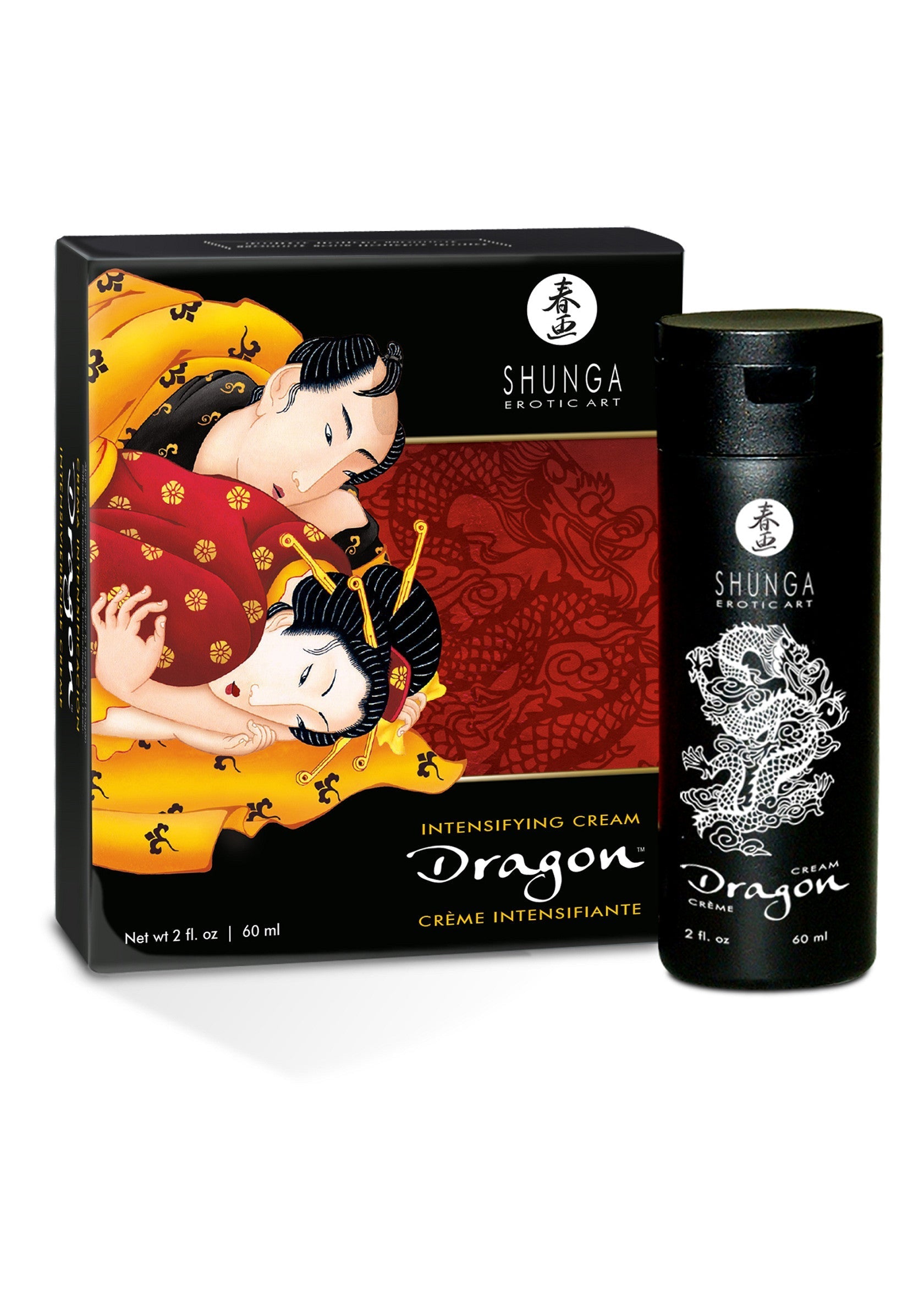 Shunga Dragon, crème intensifiante pour des sensations exacerbées. Art érotique pour des moments intenses.; Shunga Dragon, intensiverende crème voor verhoogde sensaties. Erotische kunst voor intense momenten.; Shunga Dragon Intensifying Cream for enhanced sensations. Erotic art for intimate moments.