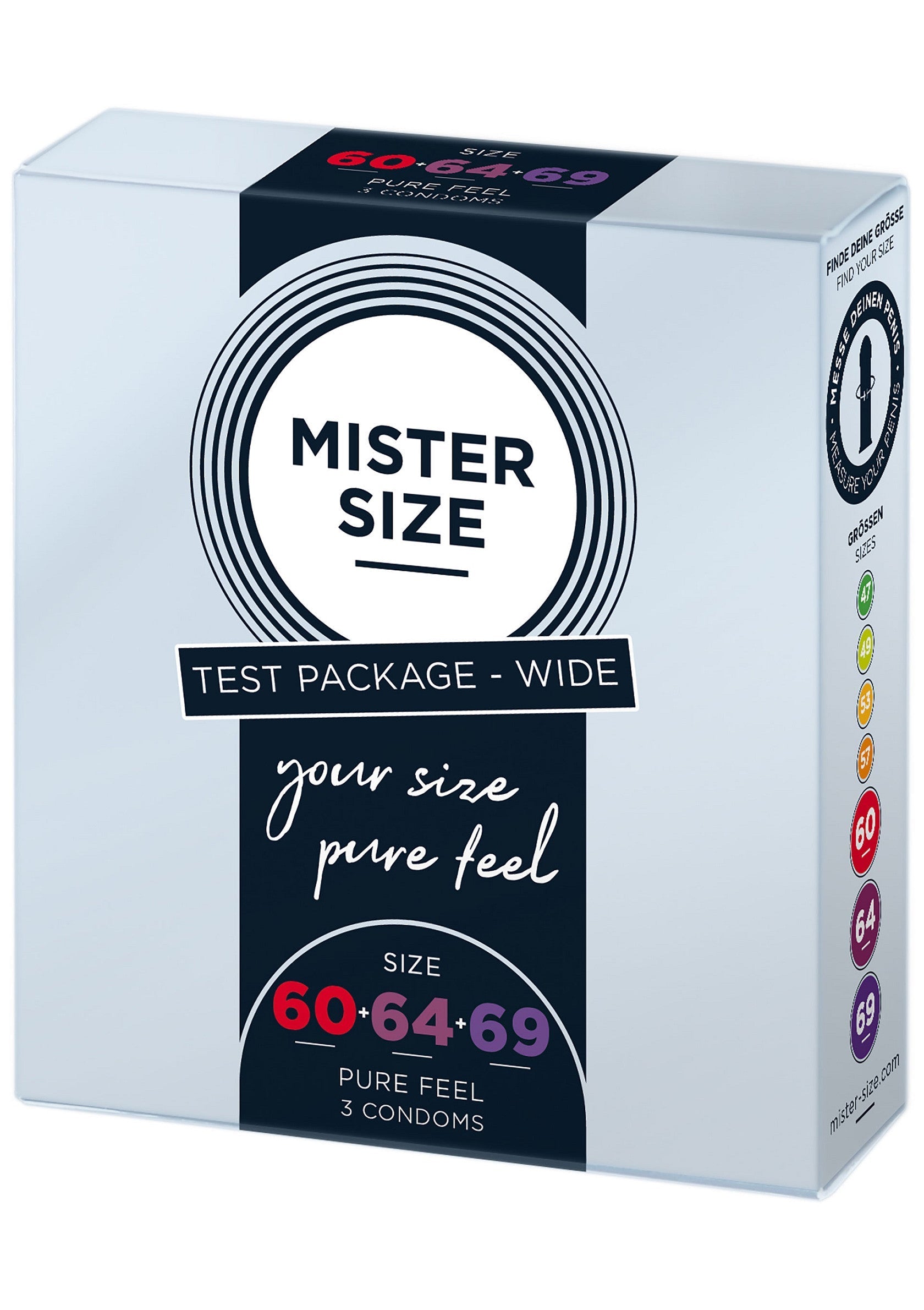 Mister Size Pack d'essai Large, tailles 60-64-69, pour une sensation pure et une protection optimale.; Mister Size Testpakket Breed, maten 60-64-69, voor een puur gevoel en optimale bescherming.; Mister Size Wide Test Pack, sizes 60-64-69, for a pure feel and optimum protection.