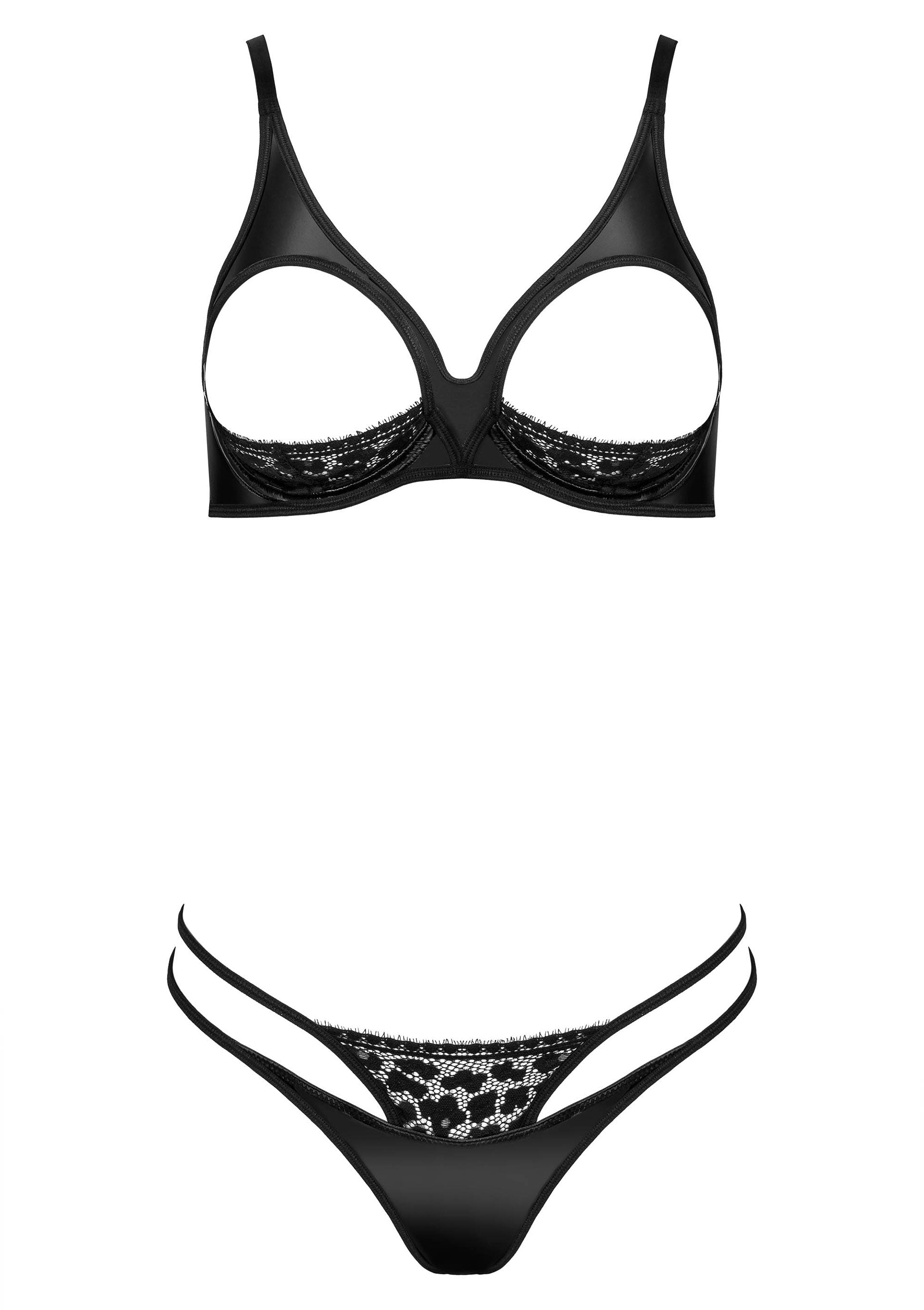 Ensemble de lingerie noir audacieux avec soutien-gorge ouvert et string à doubles bretelles.; Zwarte, uitdagende lingerie set met open beha en string met dubbele bandjes.; Daring black lingerie set with an open-cup bra and double-strap thong.
