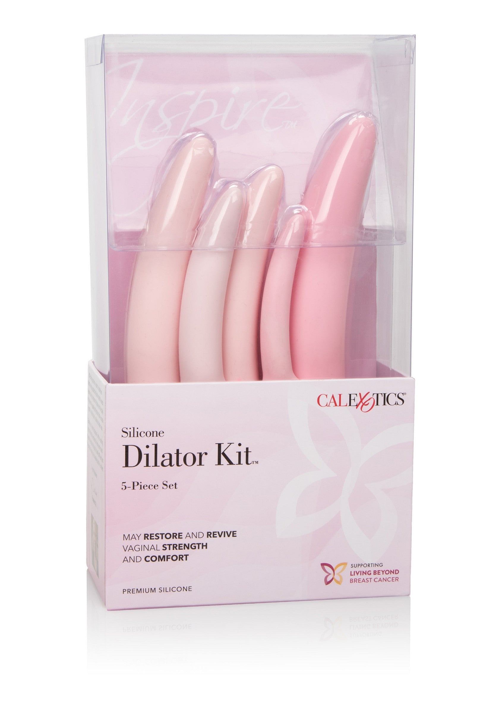 Kit de dilatateurs en silicone CalExotics, 5 pièces. Restaure et ravive la force et le confort vaginal. Silicone premium.; CalExotics siliconen dilatatorset, 5-delig. Herstelt en herleeft vaginale kracht en comfort. Premium siliconen.; CalExotics Silicone Dilator Kit, 5-Piece Set. May restore and revive vaginal strength and comfort. Premium silicone.