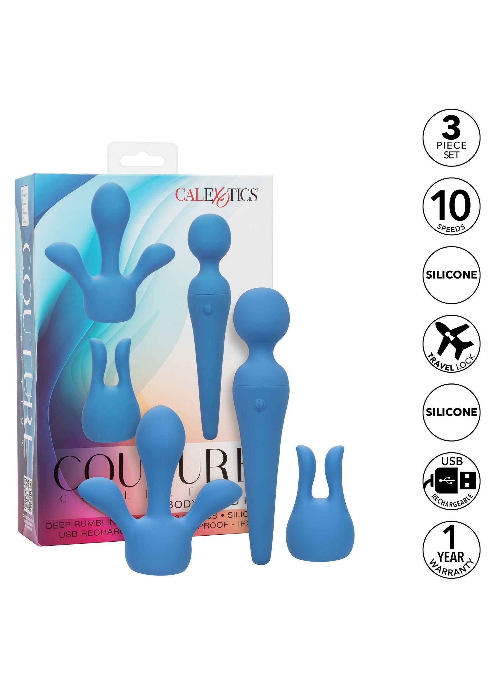 Ensemble de 3 vibromasseurs CalExotics Couture en silicone bleu, 10 vitesses, verrouillage de voyage et rechargeable par USB.; CalExotics Couture 3-delige vibratorset in blauwe silicone, 10 snelheden, reisslot en USB-oplaadbaar.; CalExotics Couture 3-Piece vibrator set in blue silicone, 10 speeds, travel lock and USB rechargeable.
