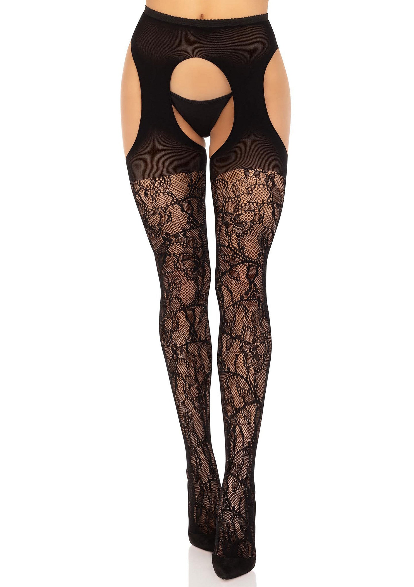 Collants résille noirs avec jarretière intégrée. Sexy et élégant pour une touche d'audace à votre tenue.; Zwarte fishnet panty met ingebouwde jarretel. Sexy en elegant voor een vleugje durf aan je outfit.; Black fishnet stockings with built-in garter. Sexy and elegant for a touch of daring to your outfit.