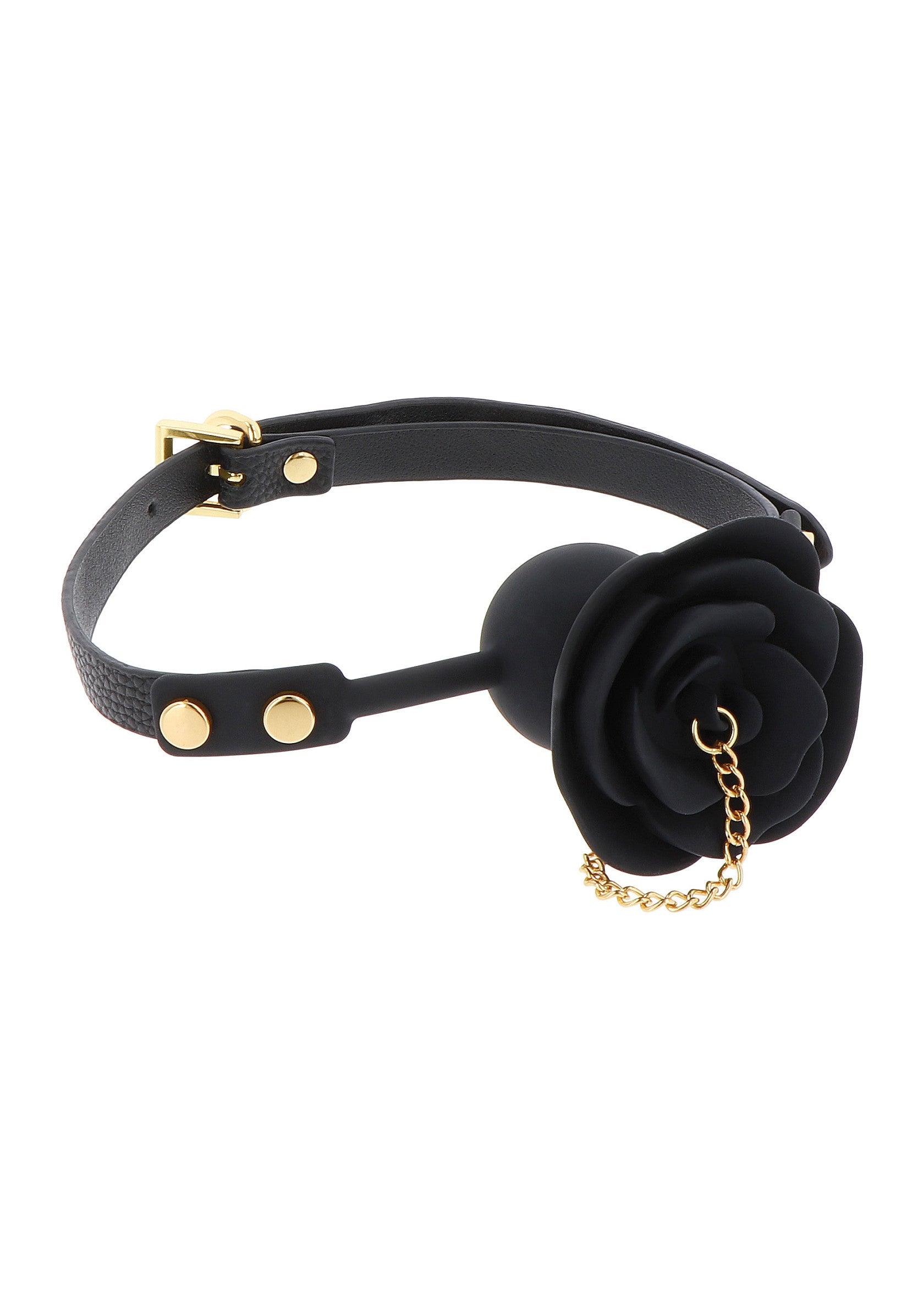 Gag rose noir avec chaîne dorée et lanière ajustable. Accessoire de séduction élégant et discret.; Zwarte rozenknevel met gouden ketting en verstelbare band. Stijlvol en discreet verleidingsaccessoire.; Black rose gag with gold chain and adjustable strap. Stylish and discreet seduction accessory.
