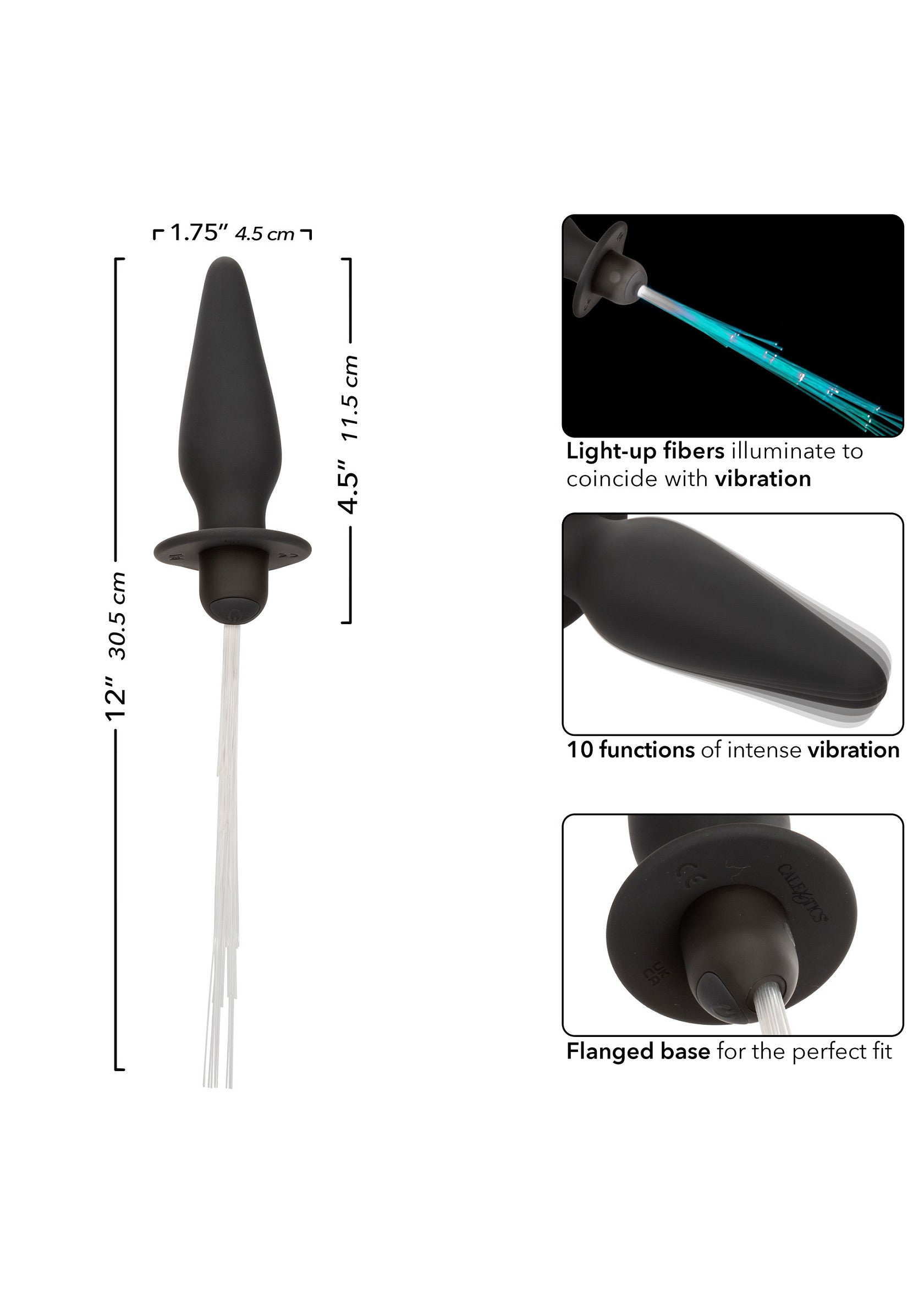 Plug anal vibrant avec fibres optiques lumineuses. Base évasée pour un confort et sécurité. 10 modes de vibrations.; Vibrerende anale plug met lichtgevende optische vezels. Uitlopende basis voor comfort en veiligheid. 10 vibratiestanden.; Vibrating anal plug with light-up fiber optic strands. Flared base for comfort and safety. Features 10 functions of vibration.
