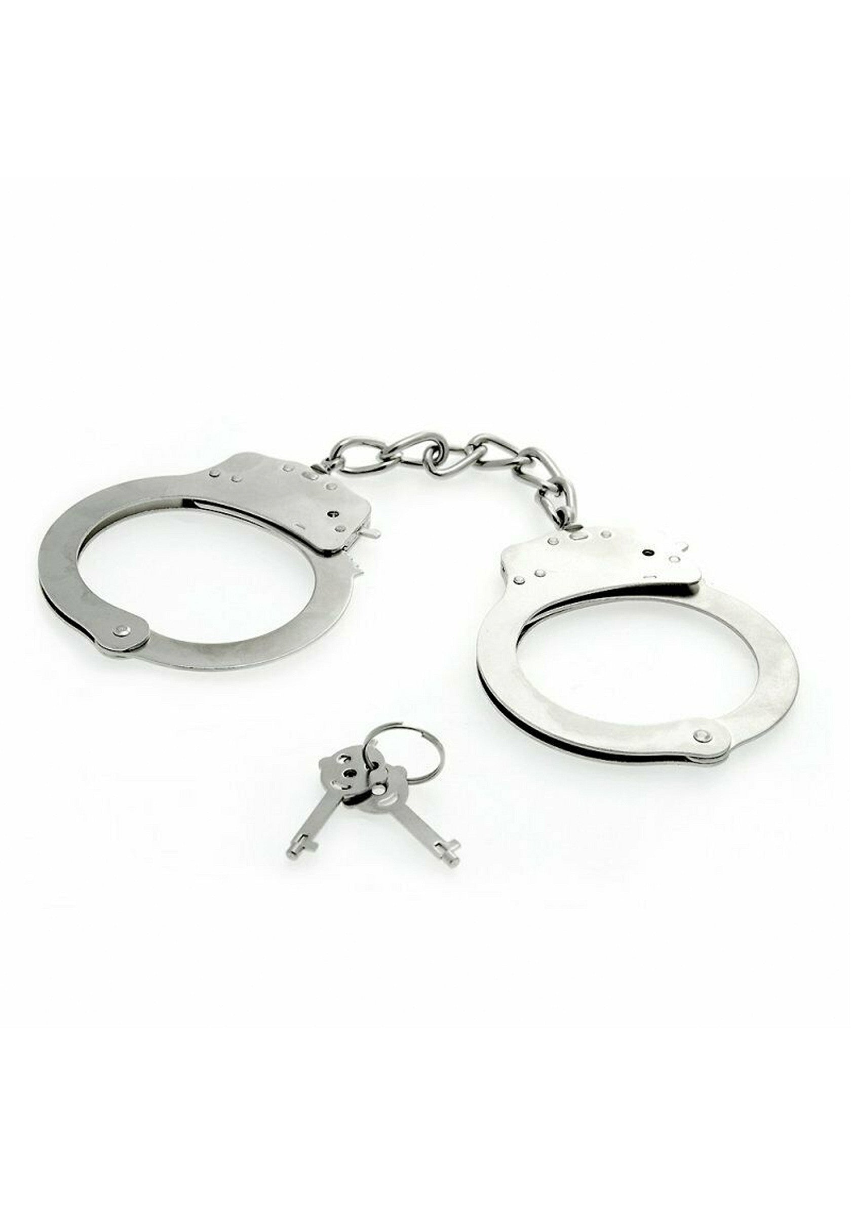 Menottes en métal argenté avec clés pour jeux coquins. Accessoire fétichiste parfait pour pimenter votre vie amoureuse.; Zilverkleurige metalen handboeien met sleutels voor stout spel. Perfect fetisj accessoire om je liefdesleven mee op te fleuren.; Silver-tone metal handcuffs with keys for kinky play. Perfect fetish accessory to spice up your love life. 