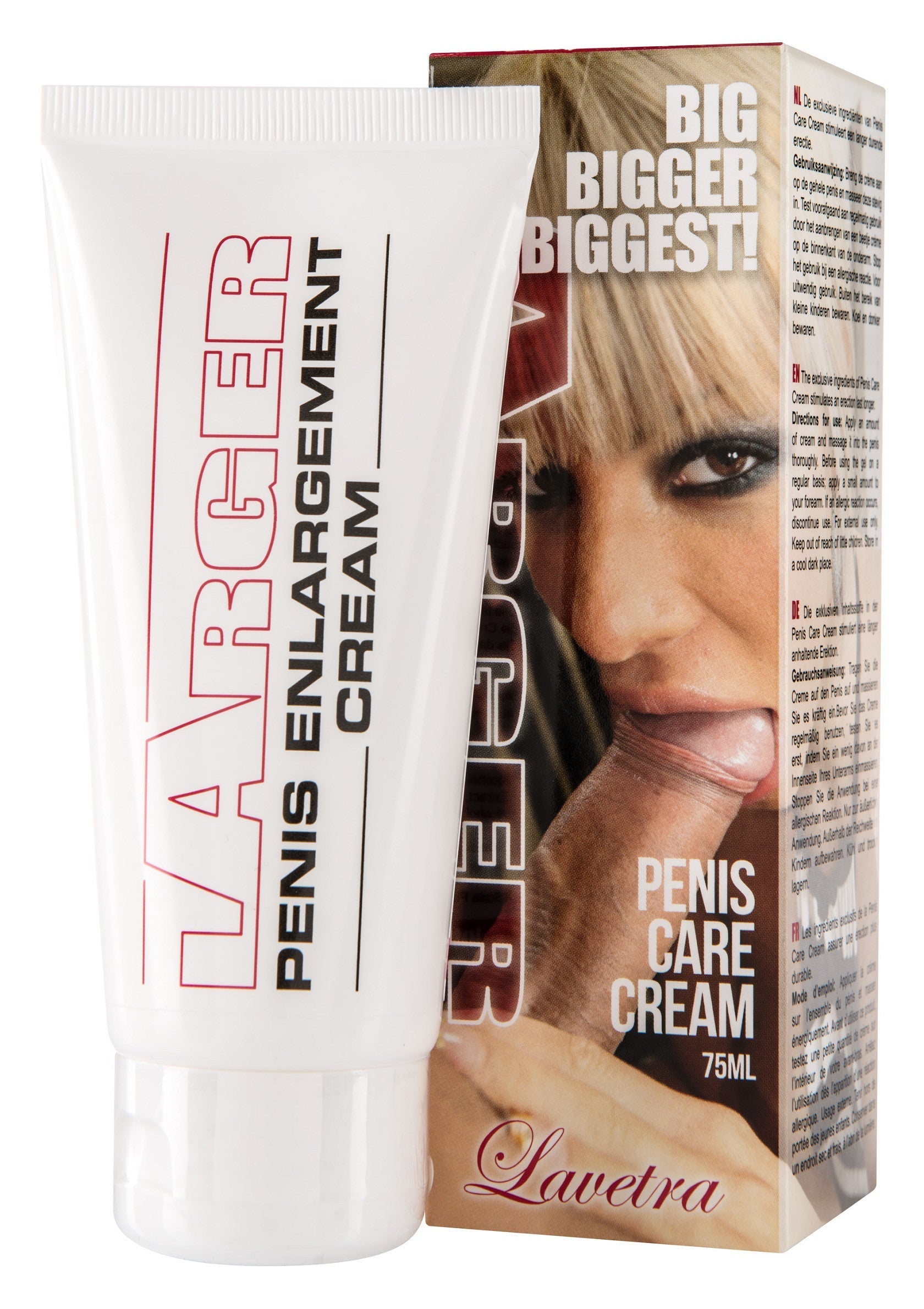 Crème pour l'élargissement du pénis Larger. Soin et hydratation pour une sexualité épanouie. 75 ml.; Larger penisvergrotingscrème. Verzorging en hydratatie voor een bevredigend seksleven. 75 ml.; Larger penis enlargement cream. Care and hydration for a fulfilling sex life. 75ml.