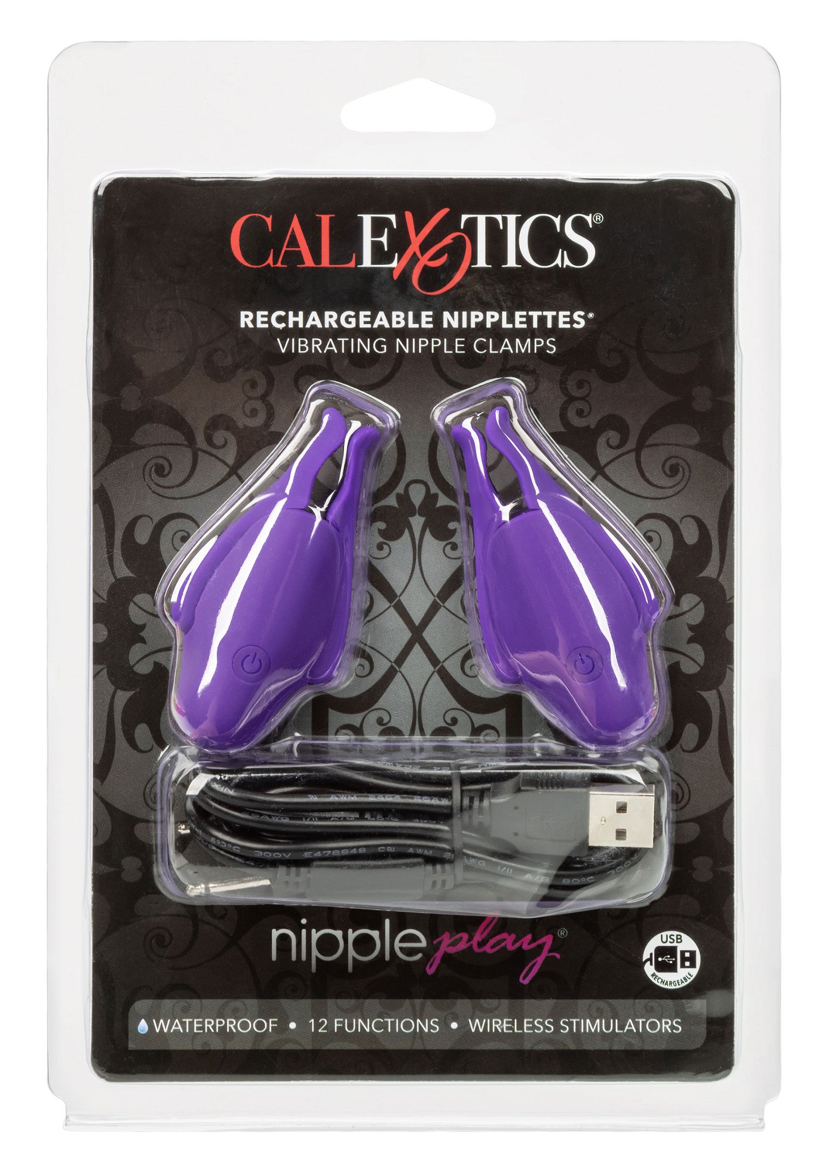 Pinces à tétons vibrantes Calexotics Rechargeable Nipplettes. Étanche, 12 fonctions, sans fil. Intensifiez le plaisir avec ces pinces violettes !; Calexotics Oplaadbare Nipplettes vibrerende tepelklemmen. Waterdicht, 12 functies, draadloos. Intensifieer het plezier met deze paarse klemmen!; Calexotics Rechargeable Nipplettes vibrating nipple clamps. Waterproof, 12 functions, wireless. Intensify pleasure with these purple clamps!