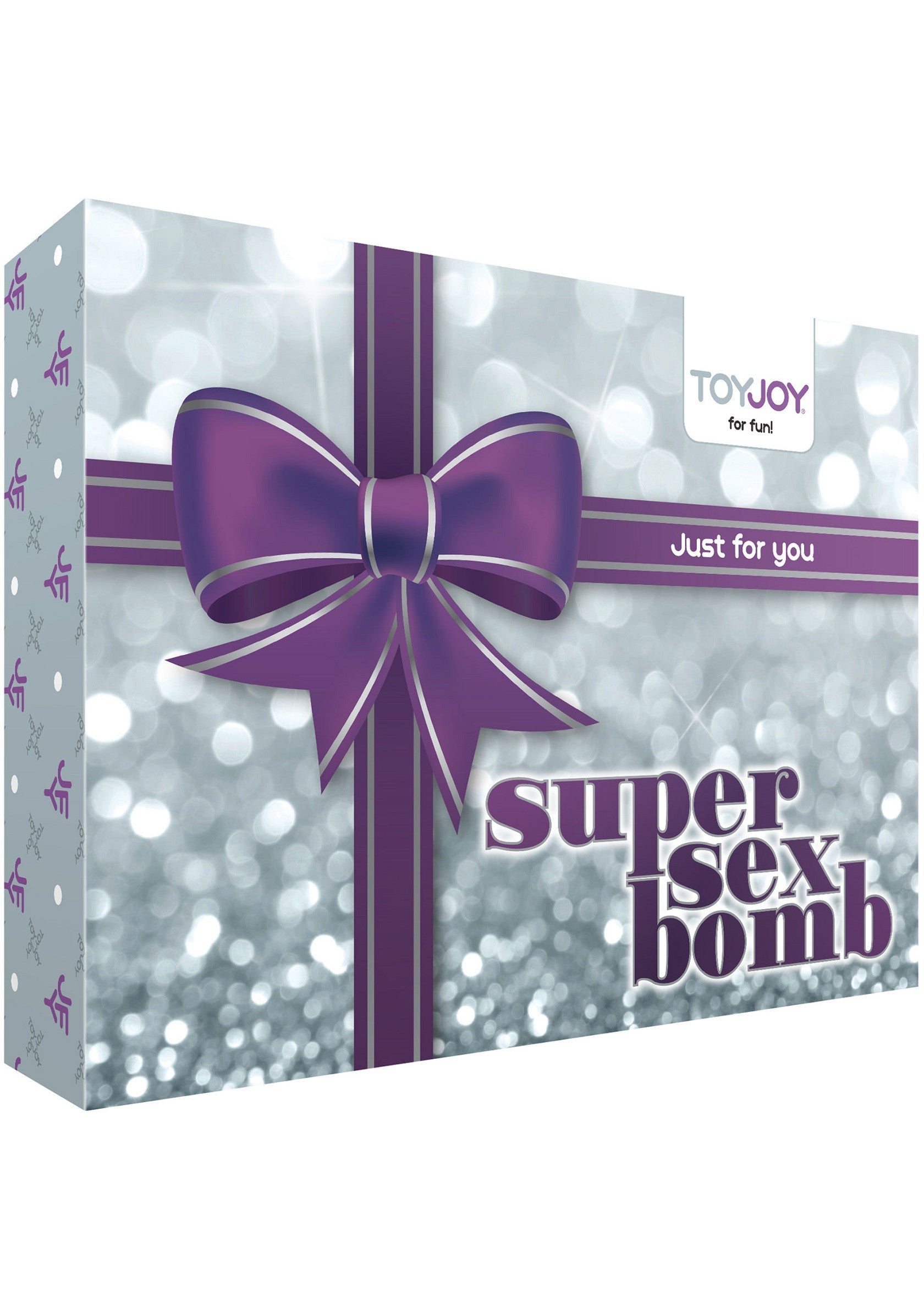 Coffret cadeau ToyJoy 'Super Sex Bomb' avec nœud violet. Idéal pour pimenter votre vie amoureuse.; ToyJoy 'Super Sex Bomb' geschenkdoos met paarse strik. Perfect om je liefdesleven op te fleuren.; ToyJoy 'Super Sex Bomb' gift box with purple bow. Perfect to spice up your love life.