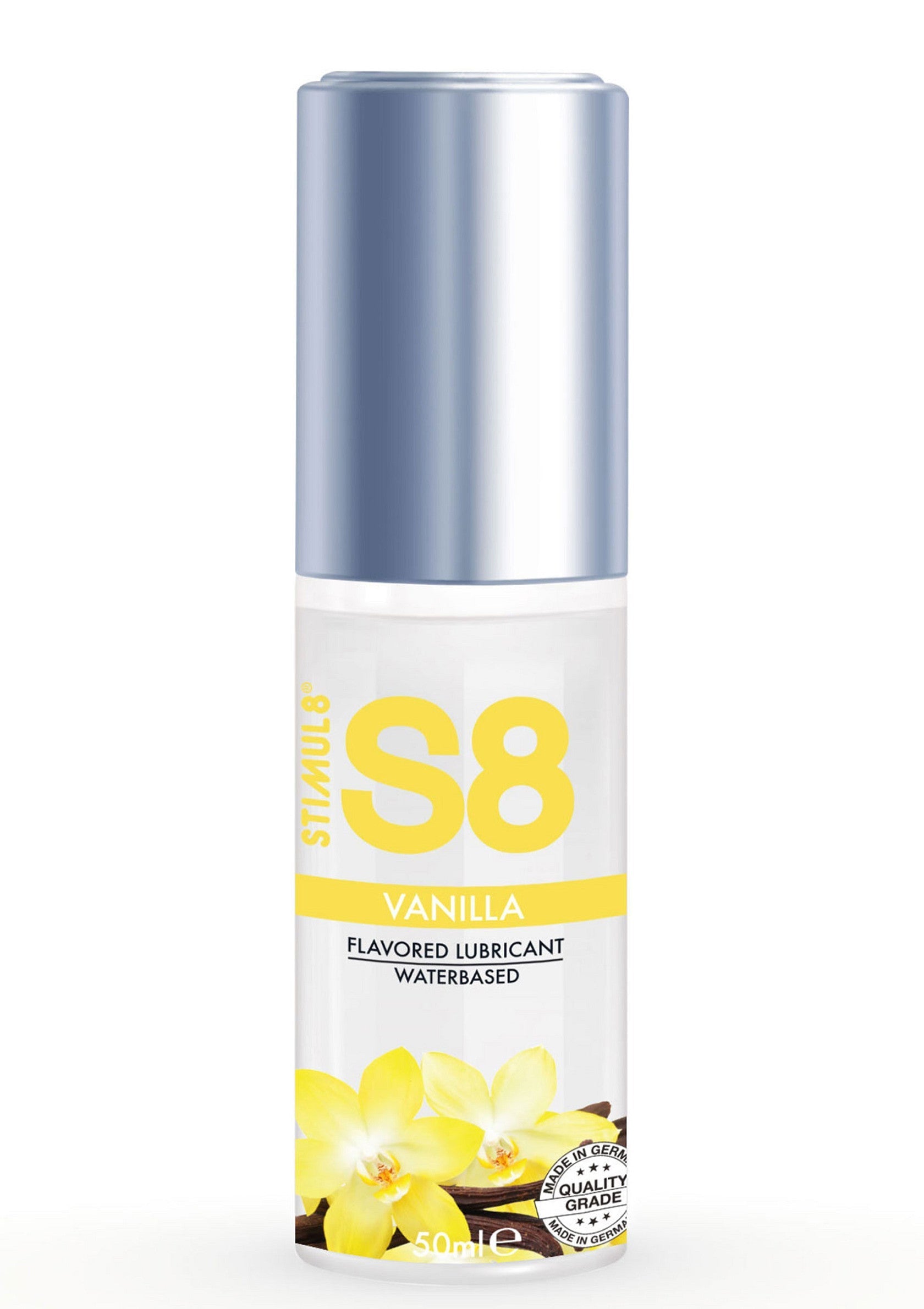 Lubrifiant intime S8 vanille à base d'eau. Sensation douce et arôme délicat pour des moments intimes exquis.; S8 glijmiddel op waterbasis met vanillesmaak. Zacht en heerlijk aroma voor intieme momenten.; S8 vanilla flavored water-based lubricant. Smooth sensation and delicious aroma for intimate moments.