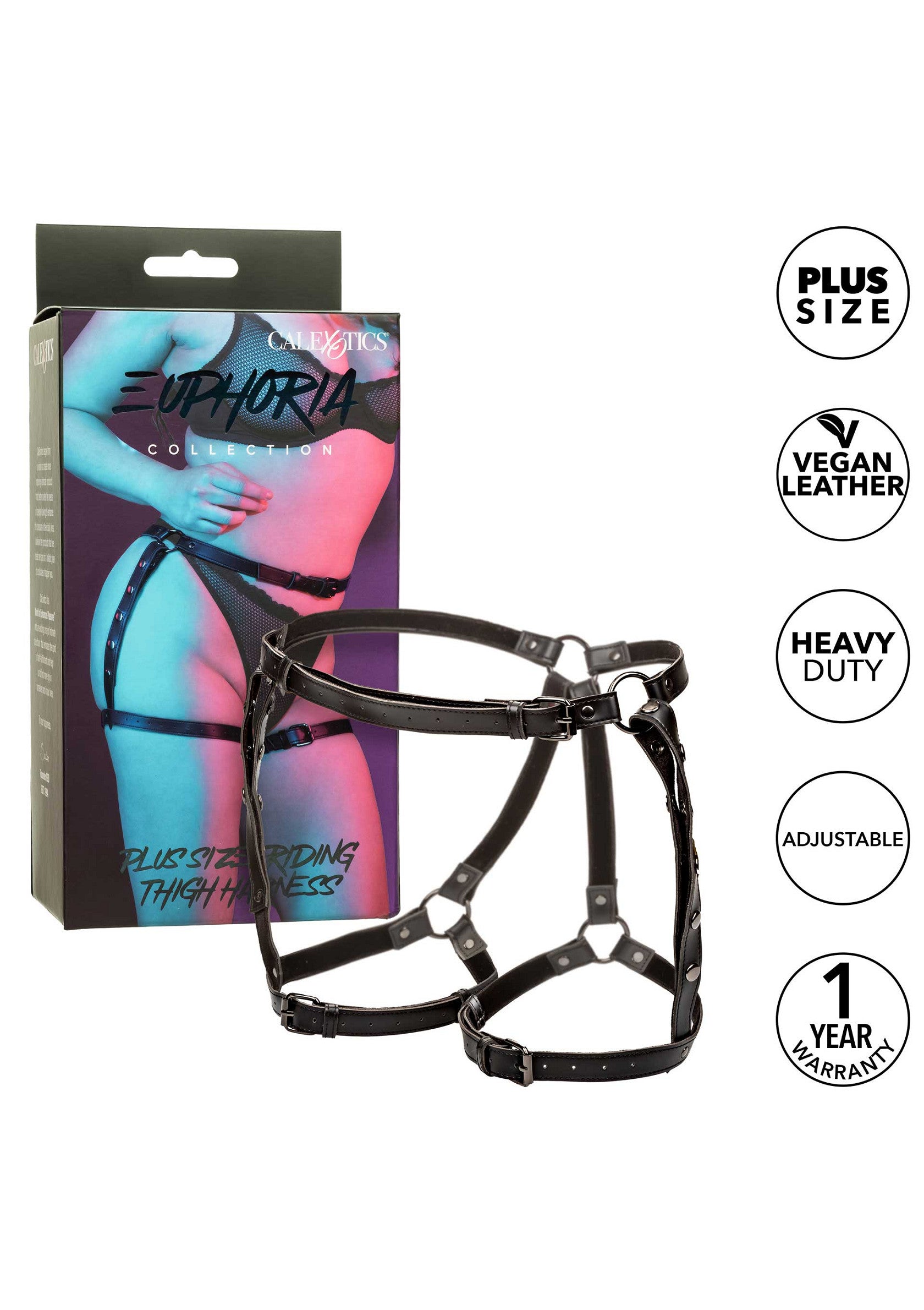 Harnais de cuisse en similicuir noir, grande taille, réglable et robuste. Collection Euphoria.; Zwarte vegan lederen dijbeen harnas, plus size, verstelbaar en heavy duty. Euphoria collectie.; Black vegan leather thigh harness, plus size, adjustable, and heavy duty. Euphoria Collection.