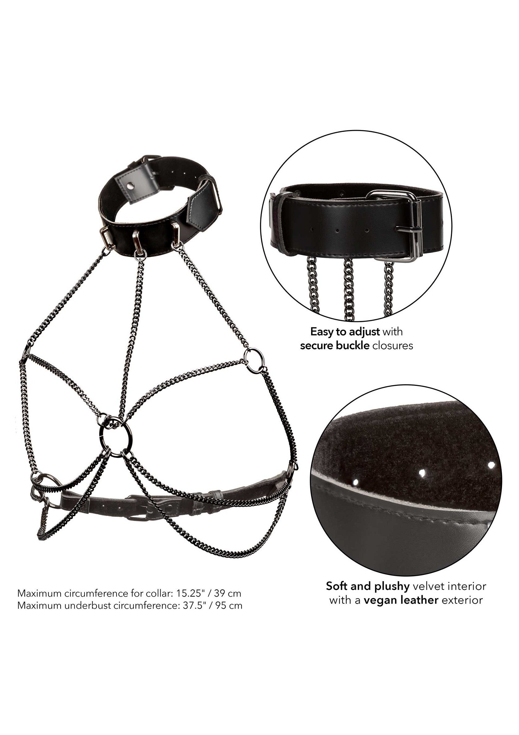 Harnais de corps en cuir vegan avec collier ajustable et chaînes. Doublure en velours doux. Accessoire de lingerie audacieux et confortable.; Vegan lederen lichaamsharnas met verstelbare halsband en kettingen. Zachte fluwelen voering. Gedurfd en comfortabel lingerieaccessoire.; Vegan leather body harness with adjustable collar & chains. Soft velvet lining. Bold & comfortable lingerie accessory. Adjustable fit.