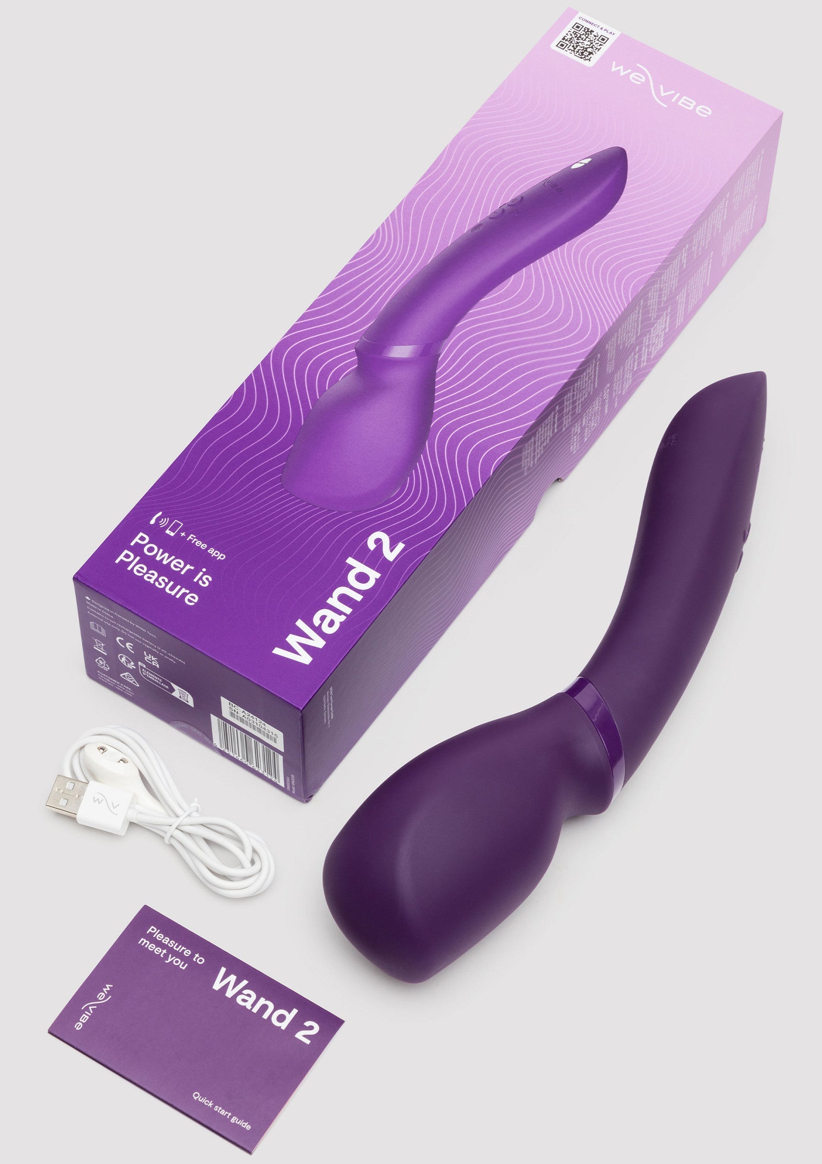 We-Vibe Wand 2 vibrant violet. Plaisir et puissance concentrés dans un masseur personnel rechargeable et flexible.; We-Vibe Wand 2 paars. Krachtige vibraties in een flexibele, oplaadbare persoonlijke stimulator voor plezier!; We-Vibe Wand 2 vibrant violet. Pleasure and power focused in a flexible, rechargeable personal massager.