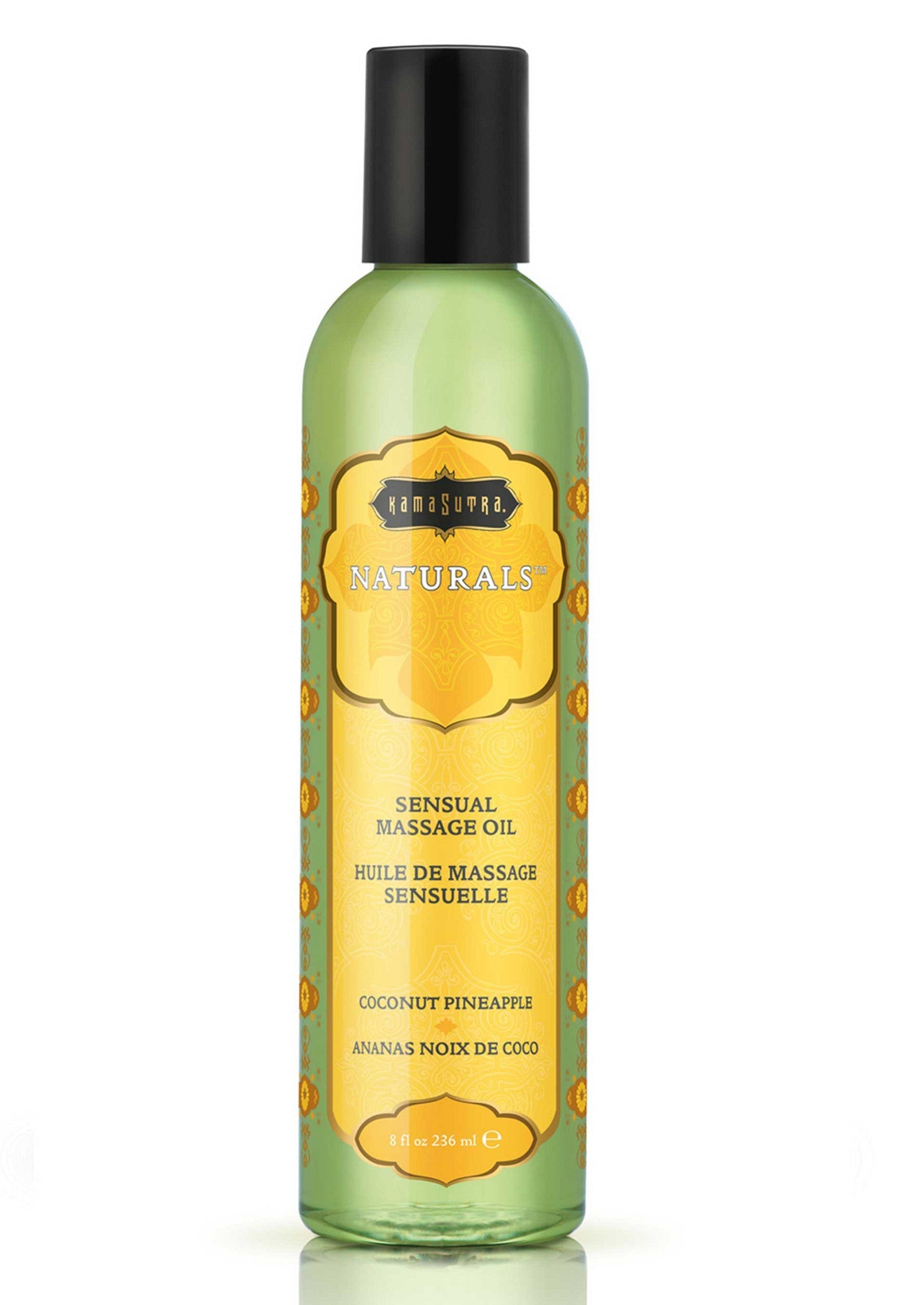 Huile de massage sensuelle Kamasutra Naturals, parfum noix de coco ananas. Pour une peau douce et parfumée.; Kamasutra Naturals massageolie met kokos-ananasgeur. Voor een zachte, gehydrateerde en heerlijk geurende huid.; Kamasutra Naturals sensual massage oil, coconut pineapple scent. For soft, hydrated, and deliciously scented skin.