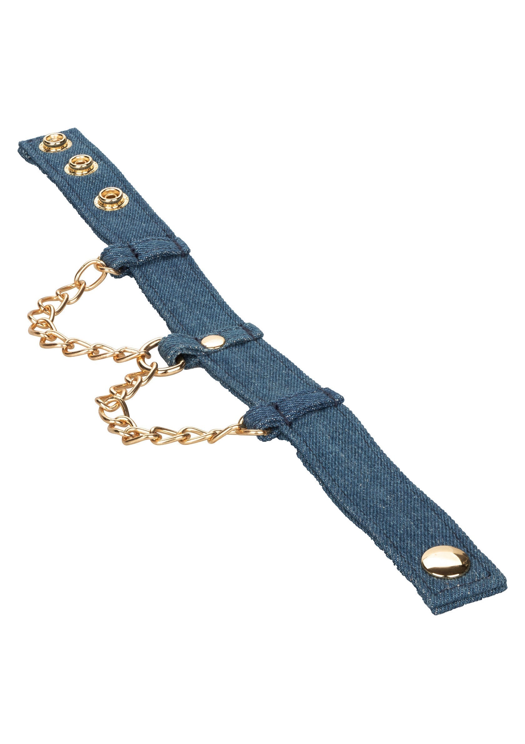 Bracelet en jean avec chaînes dorées pour un look tendance et original.; Denim armband met gouden kettingen voor een trendy en originele look.; Denim bracelet with gold chains for a trendy and original look.