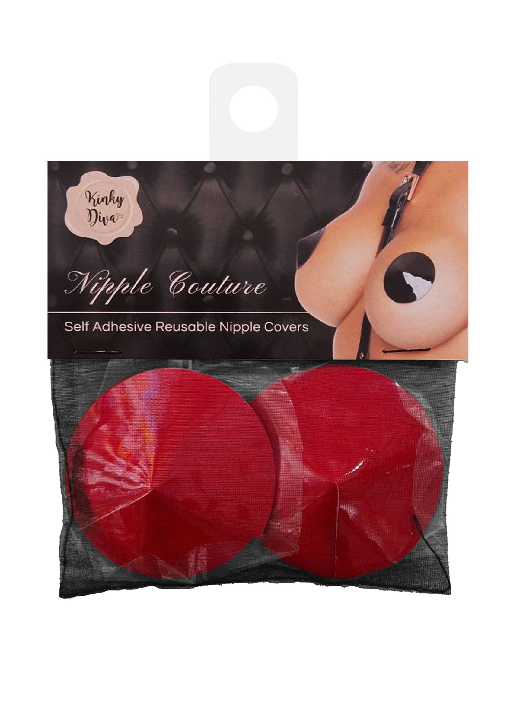 Cache-tétons réutilisables Kinky Diva Nipple Couture rouge. Adhésifs et confortables, pour une tenue discrète et élégante.; Kinky Diva Nipple Couture herbruikbare tepelbedekkers rood. Zelfklevend en comfortabel, voor een discrete en elegante look.; Kinky Diva Nipple Couture reusable nipple covers in red. Self-adhesive and comfortable, for a discreet and elegant hold.