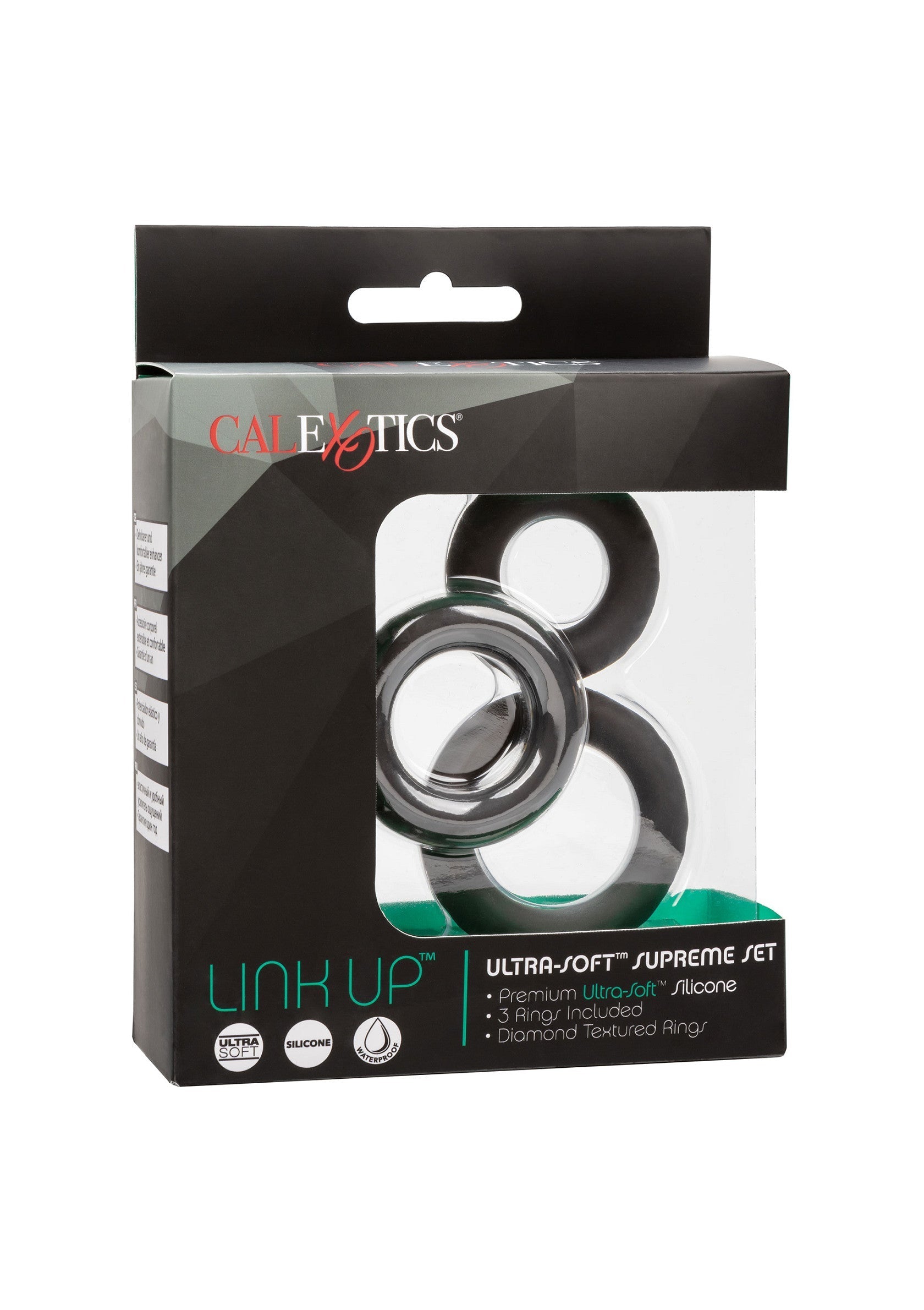 Anneaux péniens CalExotics Link Up Ultra-Soft Supreme Jet : silicone doux, 3 anneaux inclus, texture diamantée.; CalExotics Link Up Ultra-Soft Supreme Jet penisringen: zachte siliconen, 3 ringen inbegrepen, diamant textuur.; CalExotics Link Up Ultra-Soft Supreme Jet cock rings: soft silicone, 3 rings included, diamond textured.