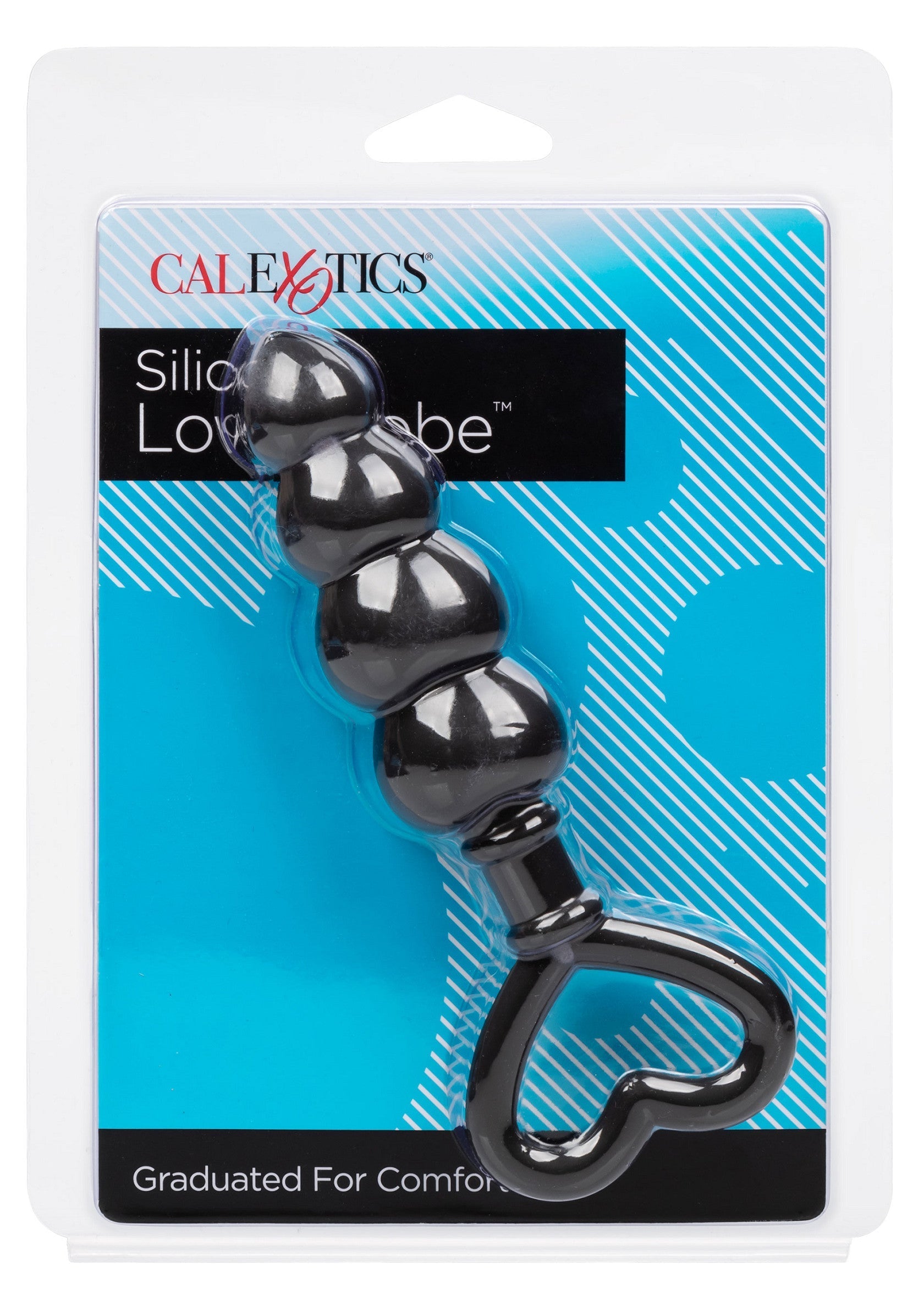 Perles anales CalExotics en silicone noir avec poignée en forme de cœur. Pour un confort optimal.; CalExotics siliconen anaalkralen zwart met hartvormige handgreep. Afgestudeerd voor comfort.; CalExotics silicone black anal beads with heart-shaped handle. Graduated for comfort.