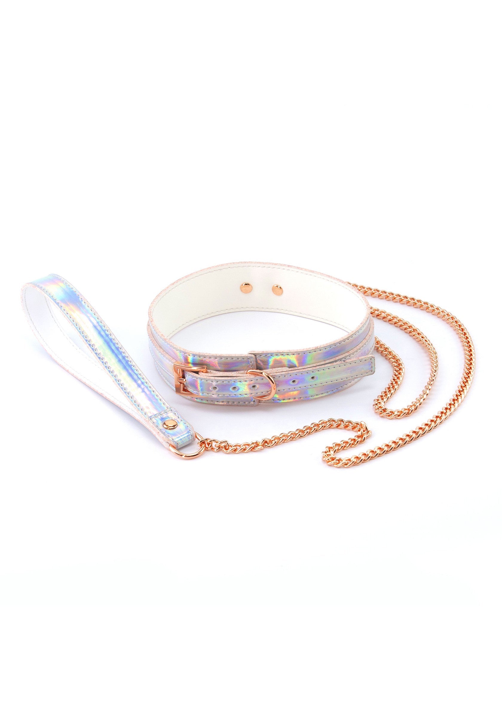 Collier et laisse holographiques pour animaux de compagnie avec chaîne dorée.; Holografische halsband en riem voor huisdieren met gouden ketting.; Holographic pet collar and leash with gold chain.