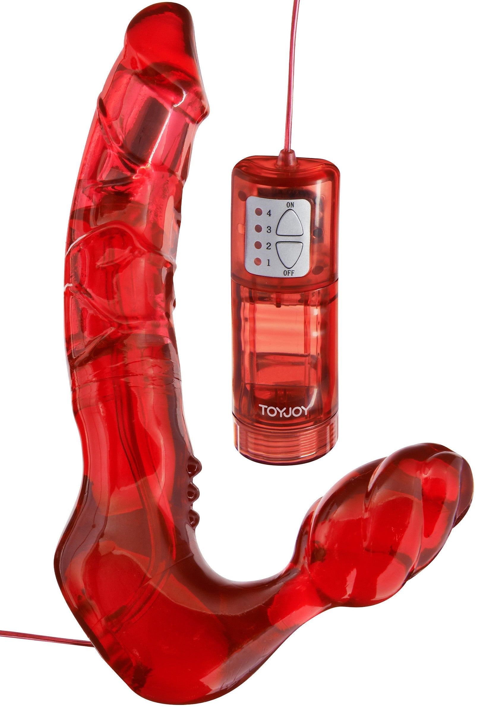 Gode vibrant double pénétration rouge avec télécommande sans fil pour un plaisir intense.; Rode dubbele penetratie vibrator met draadloze afstandsbediening voor intens plezier.; Red double penetration vibrator with wireless remote for intense pleasure.