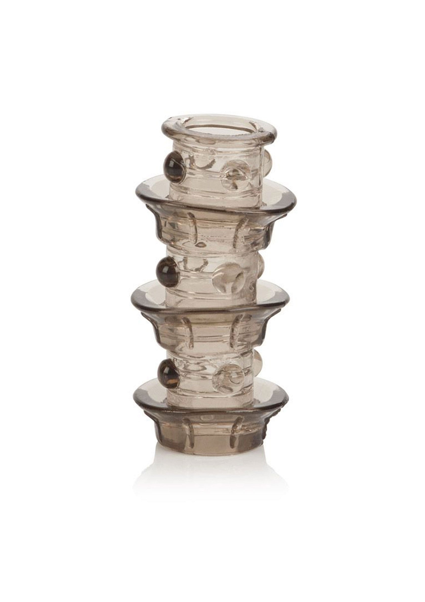 Bougeoir gris fumé à trois niveaux, élégant pour toute décoration intérieure.; Grijze, gelaagde kandelaar met drie niveaus, elegant voor elk interieur.; Smoked gray, three-tiered candle holder, elegant for any home decor.