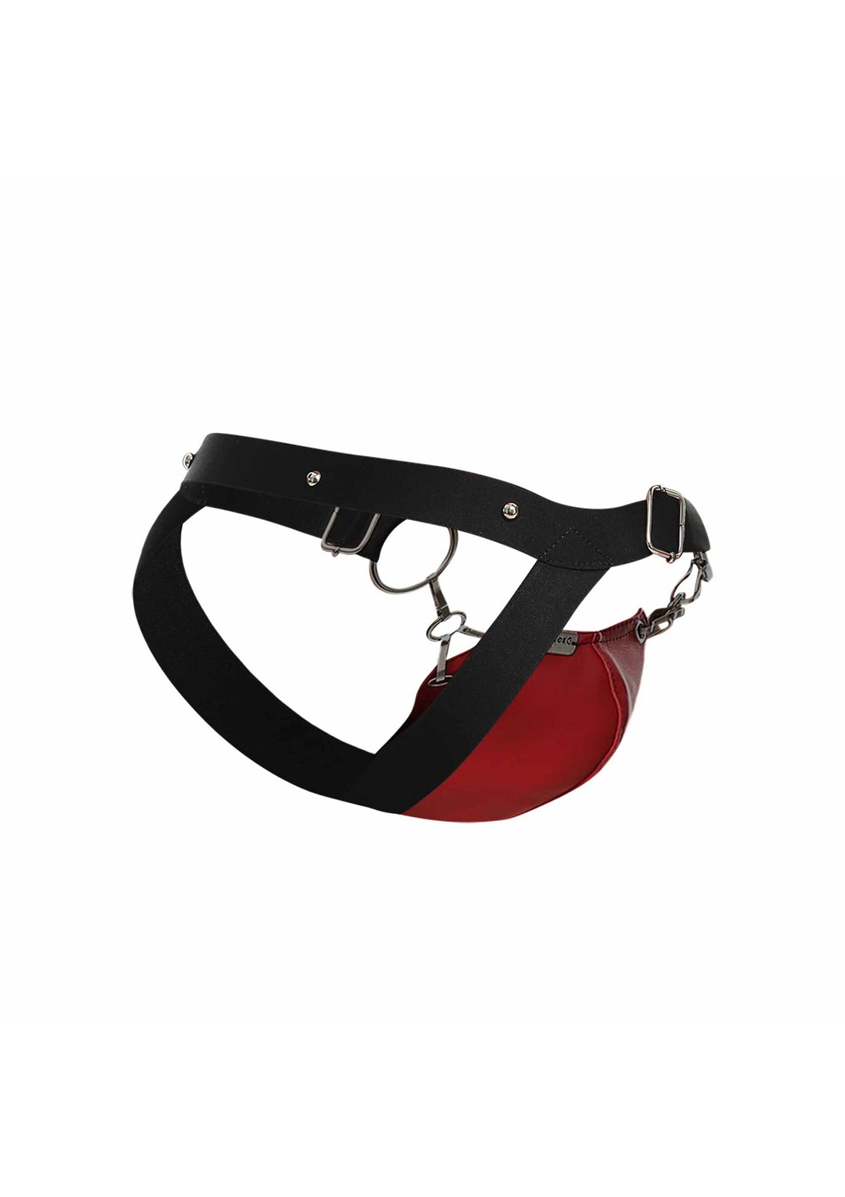 Harnais en cuir rouge et noir pour homme. Accessoire érotique idéal pour pimenter votre vie sexuelle. Sangle réglable et confortable.; Zwart en rood leren harnas voor mannen. Erotisch accessoire om je seksleven mee op te fleuren. Verstelbare en comfortabele band.; Black and red leather jockstrap harness for men. Erotic accessory to spice up your sex life. Adjustable and comfortable strap.